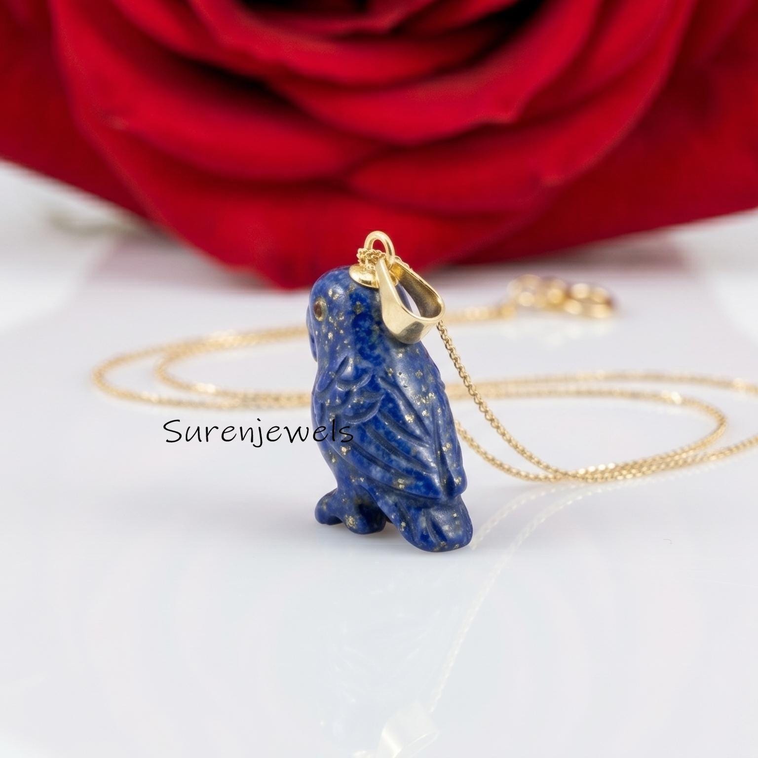 925 Sterling Silver Lapis Lazuli Parrot Pendant, Hand Carved Bird Necklace, Blue Gemstone Animal Jewelry, Parrot Lover Gift -
