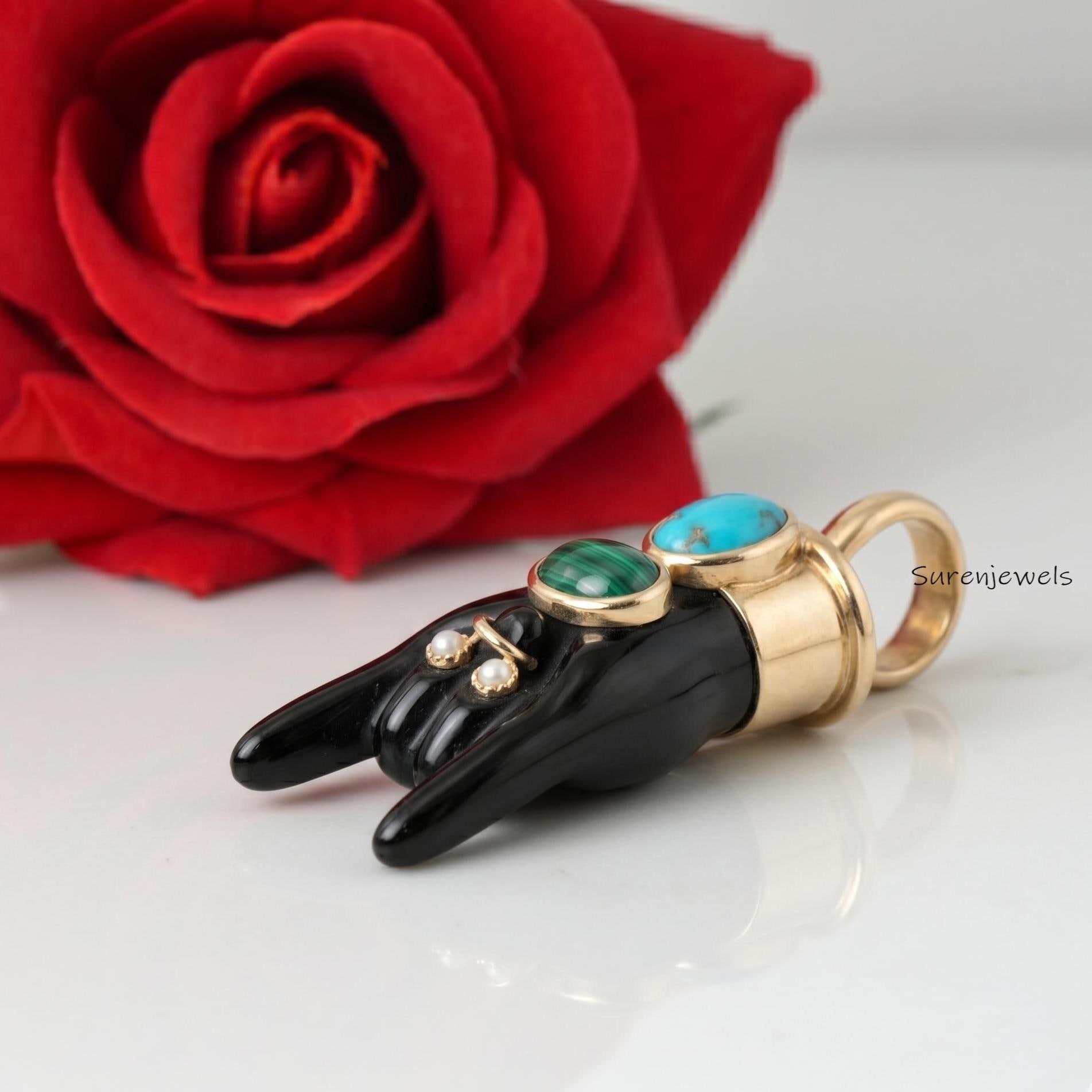 14k Gold hand Carved Gemstone Figa Hand Pendant, Gemstone Figa Pendant, Coral Figa Hand Pendant - View 6 - Suren Jewels | SKU