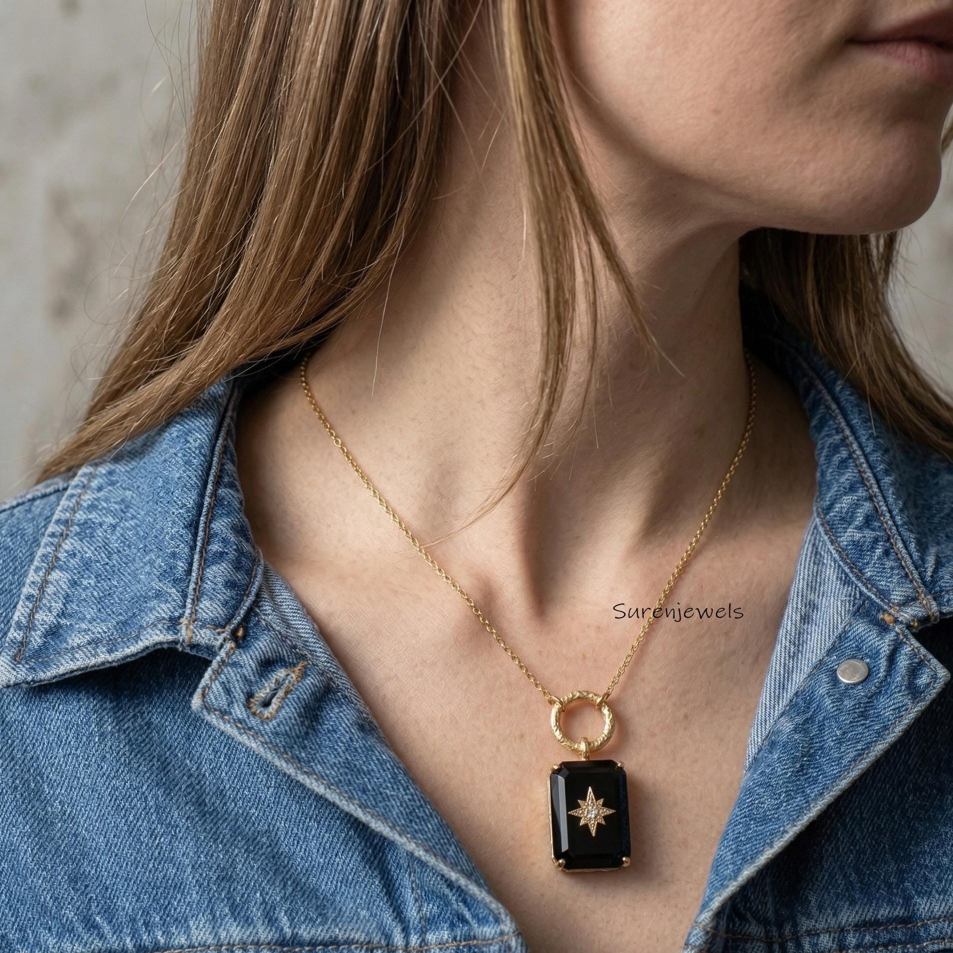 14k Gold Gemstone Square Star Pendant, Handmade Designer Rectangle Gemstone Necklace - View 3 - Suren Jewels | SKU: SJP
