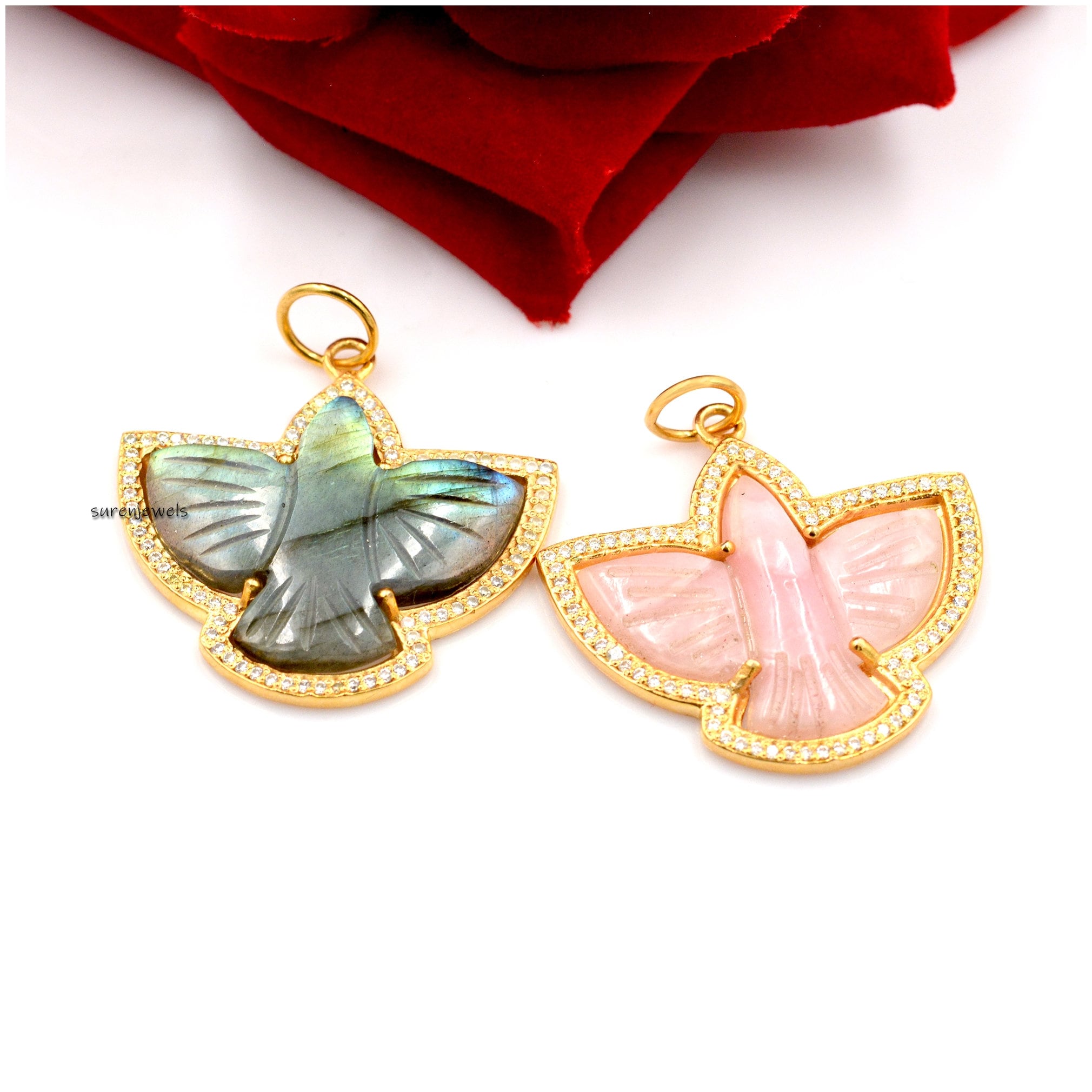 Carved Gemstone Bird Pendant: Designer Flying Swallow Charm - Suren Jewels | SKU: SJP1314-SLYGMKMN