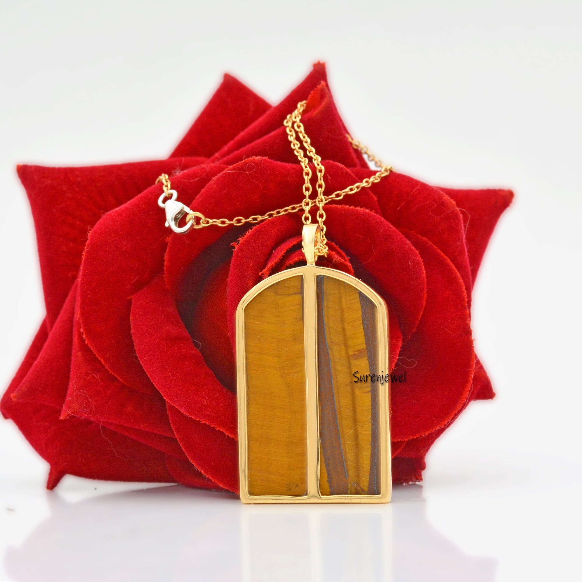 14k Gold Turquoise Door Pendant: Carved Gemstone, Handmade - View 7 - Suren Jewels | SKU: SJP1045-SLYGDITE