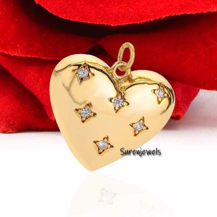 Solid 14k Gold Puffed Diamond Heart Pendant Solid Gold Etsy