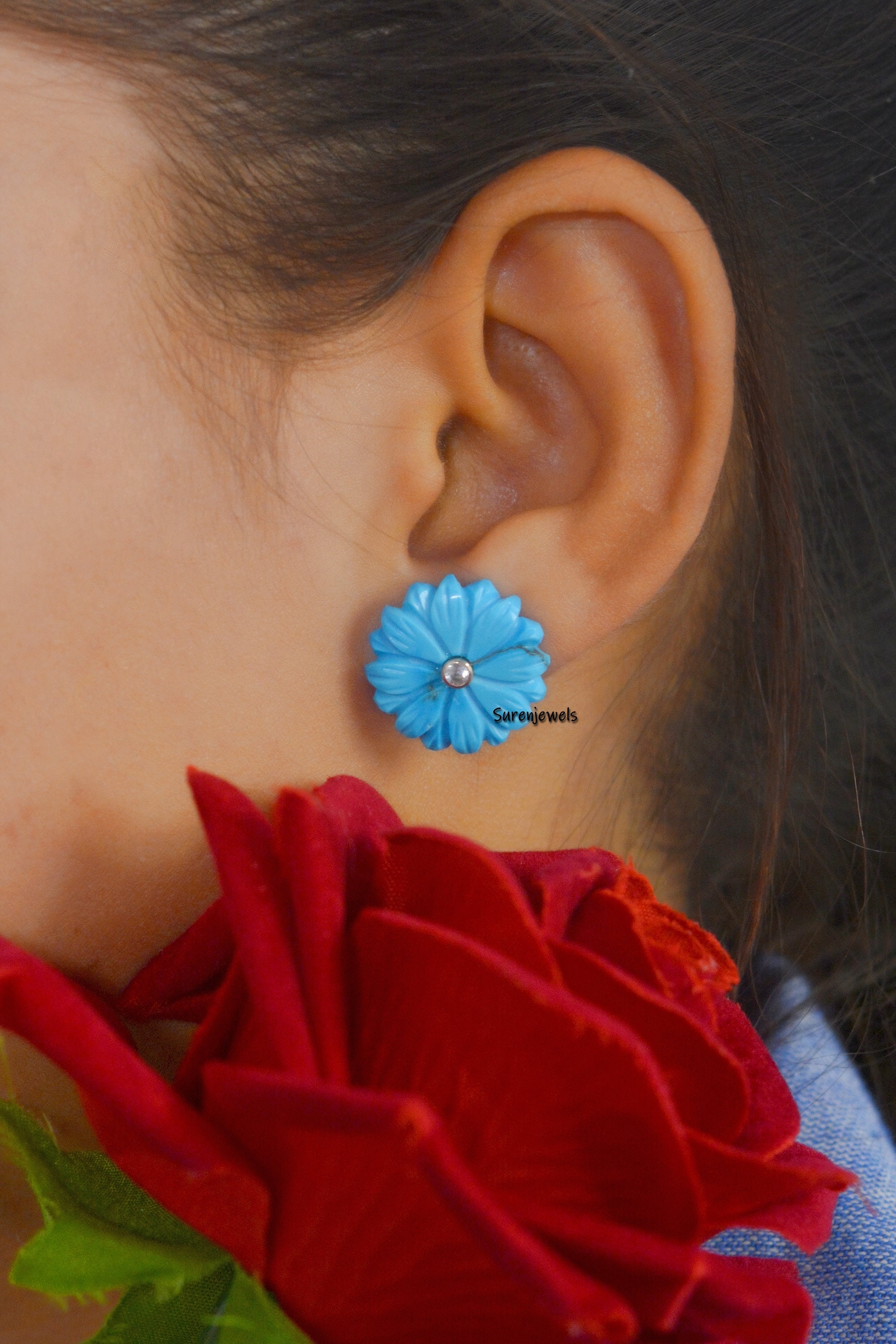 925 Silver Carved Turquoise Flower Studs: Carving Gemstone Earrings - View 2 - Suren Jewels | SKU: SJE953-9KYGTQWT