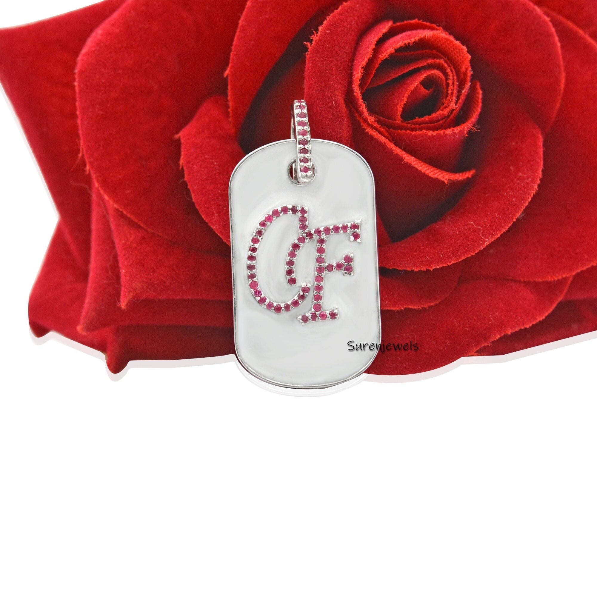 925 Silver Dog Tag Pendant: Diamond Letter Monogram - Suren Jewels | SKU: SJP164-SLYGCZ-SM