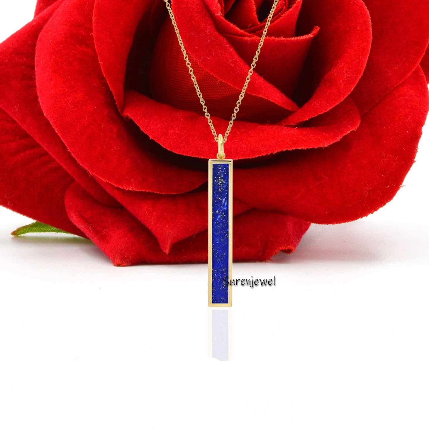 14k Gold Gemstone Bar Pendant: Lapis Lazuli or Turquoise - View 4 - Suren Jewels | SKU: SJP1438-SLNSLPZ