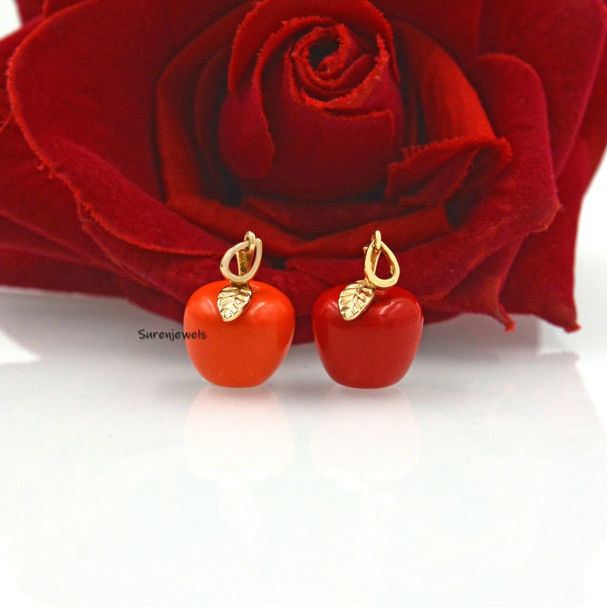 14k Gold Red Coral Apple Pendant: Gemstone Jewelry - Suren Jewels | SKU: SJP1611