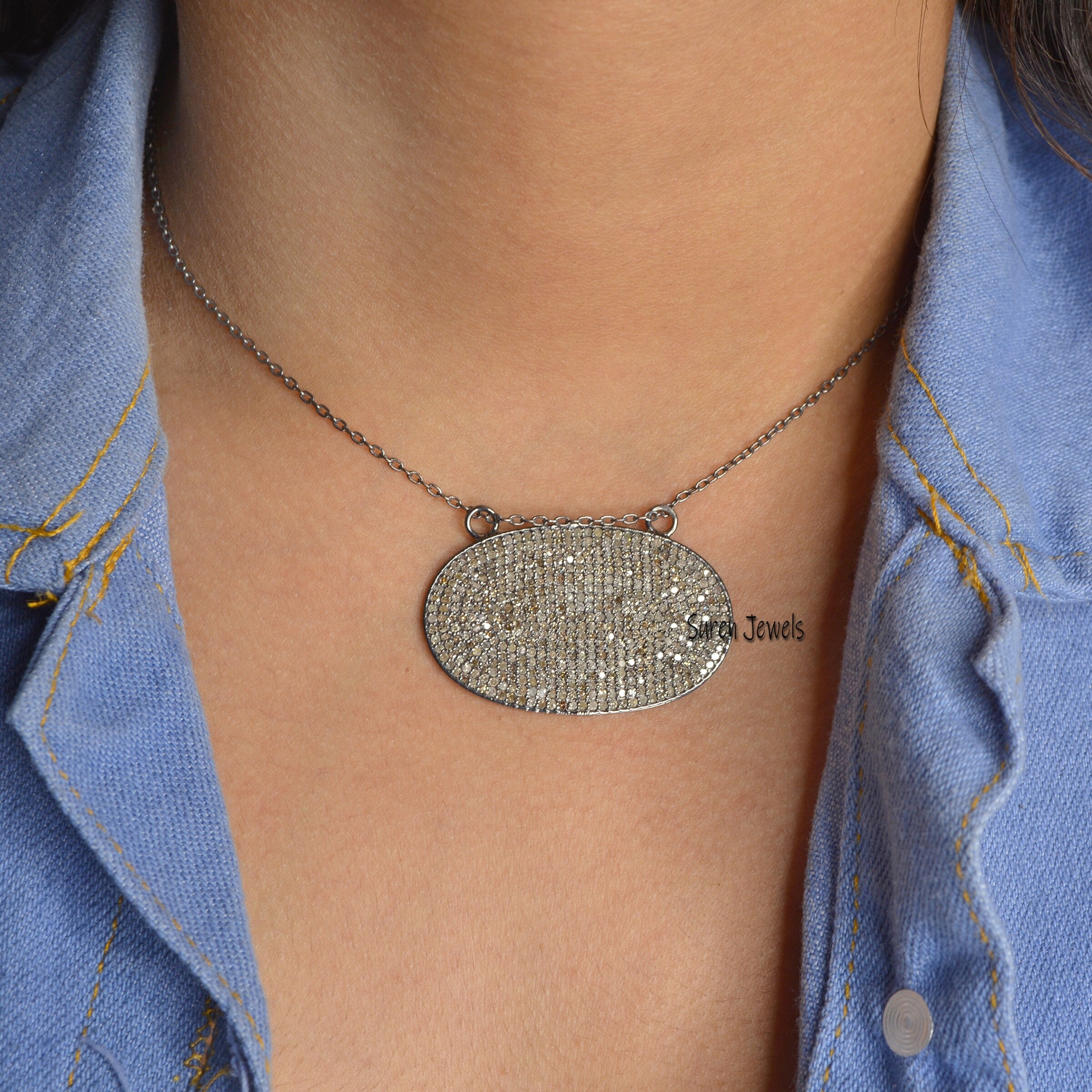 Sterling Silver Pave Diamond Oval Pendant (40x25 MM) - View 3 - Suren Jewels | SKU: SJP560-SLYGDI-G19-SLYG-18I
