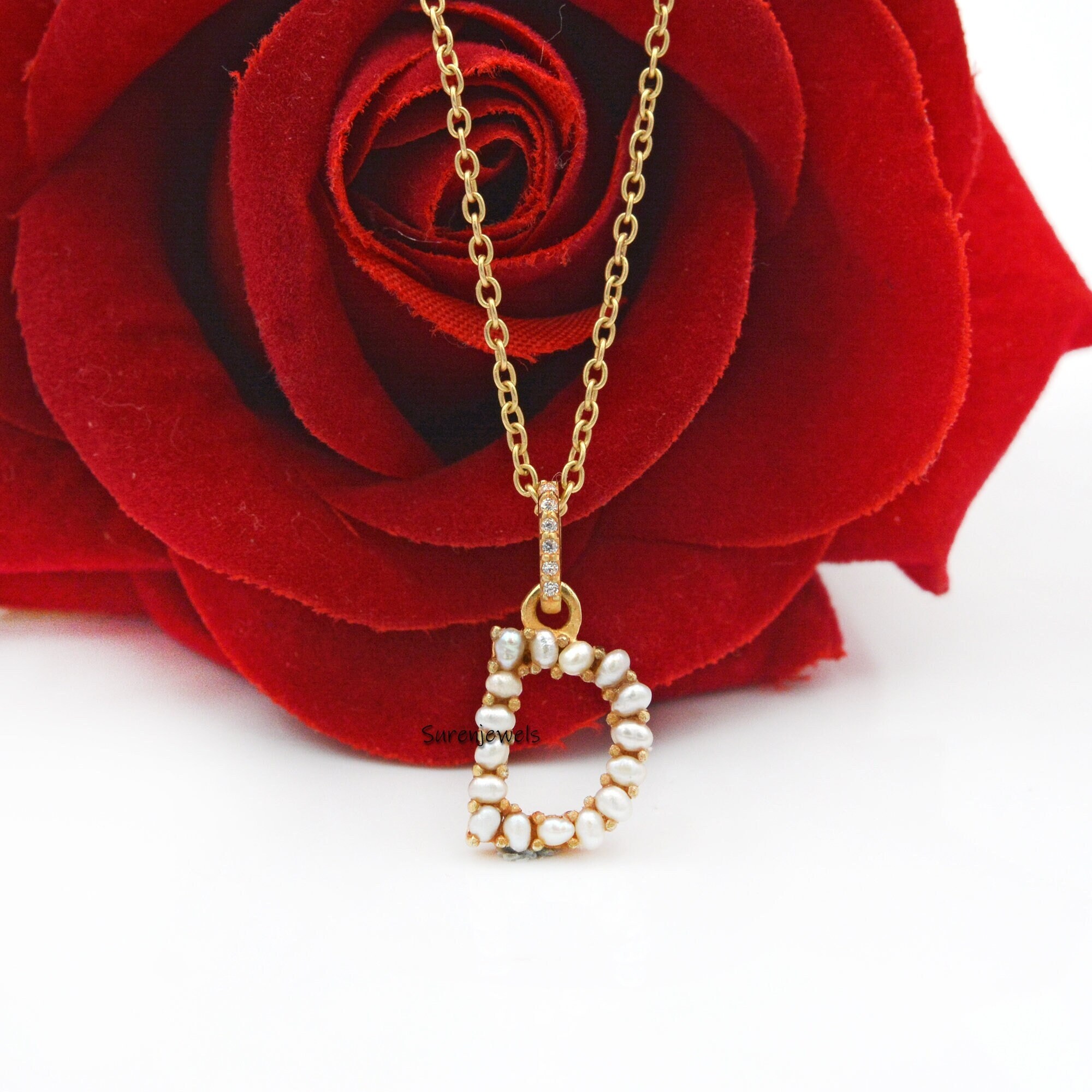 Gemstone Initial Pendant: 925 Silver, Natural Pearl Letter Necklace - View 3 - Suren Jewels | SKU: SJP982-SLYGCZPL