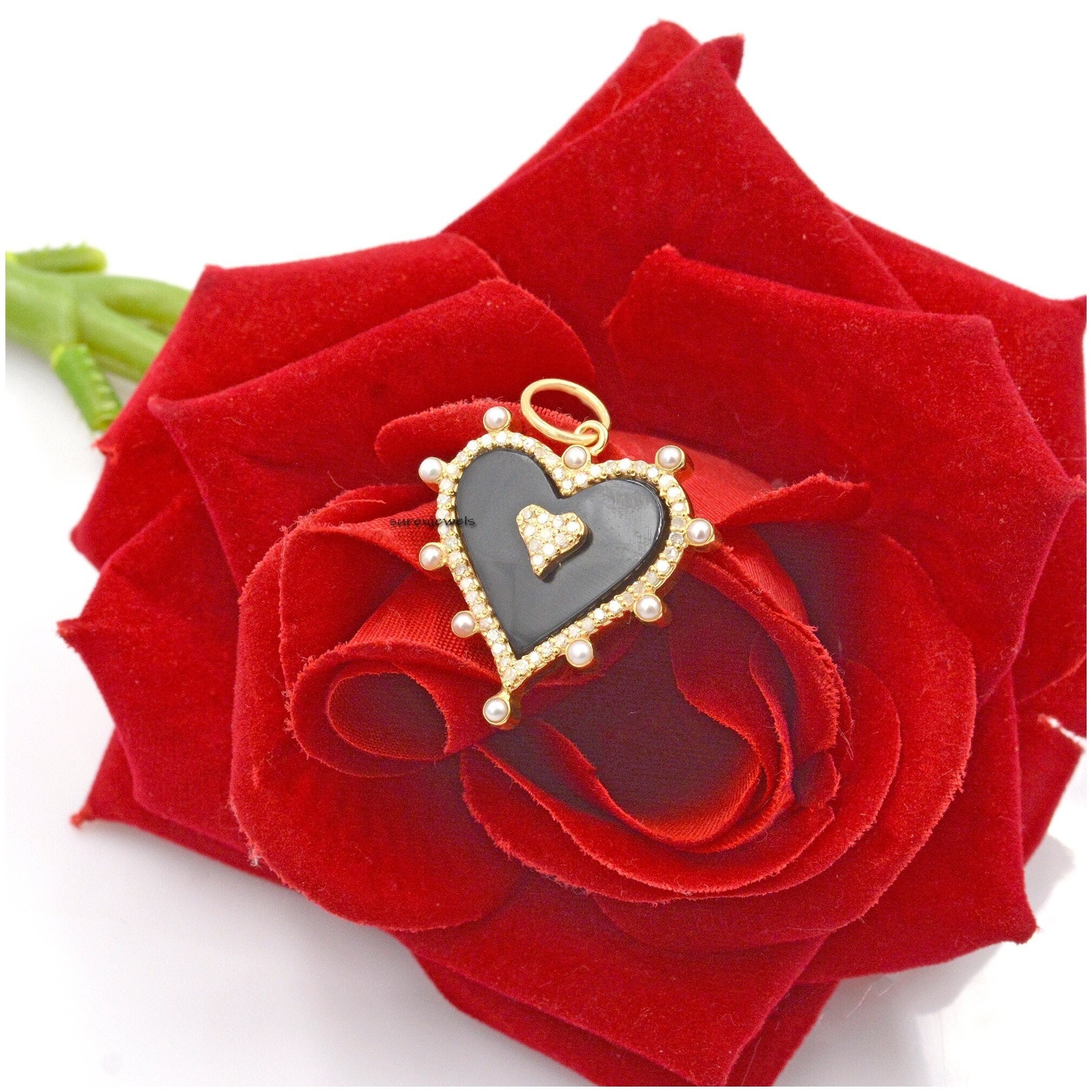 Gold Plated Heart Pendant: Gemstone, Moissanite & Pearl Charm - View 2 - Suren Jewels | SKU: SJP1271-14KYGLPZDIPL-25M