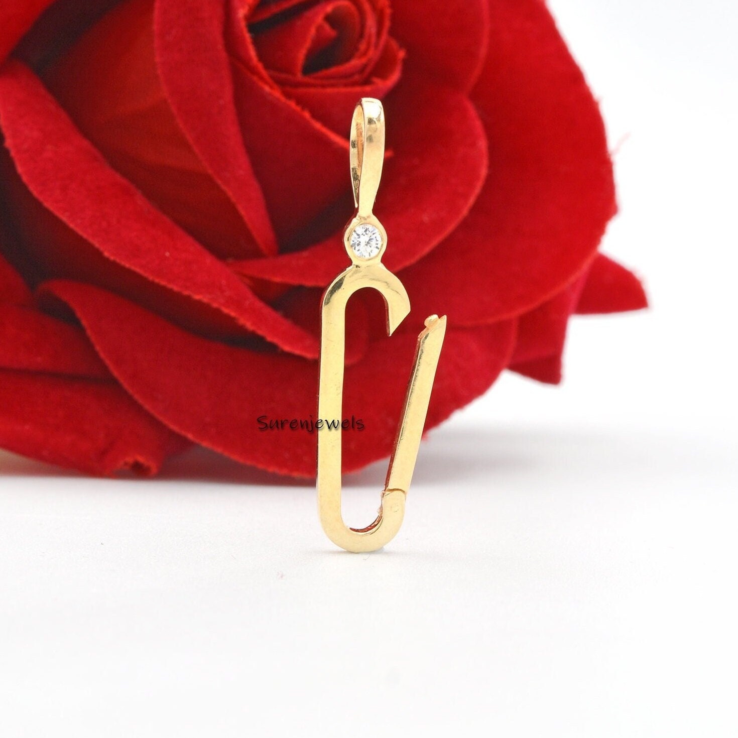 14k Gold Charm Enhancer: Paperclip Necklace Lock with Moissanite - Suren Jewels | SKU: SJP685-SLWGMN