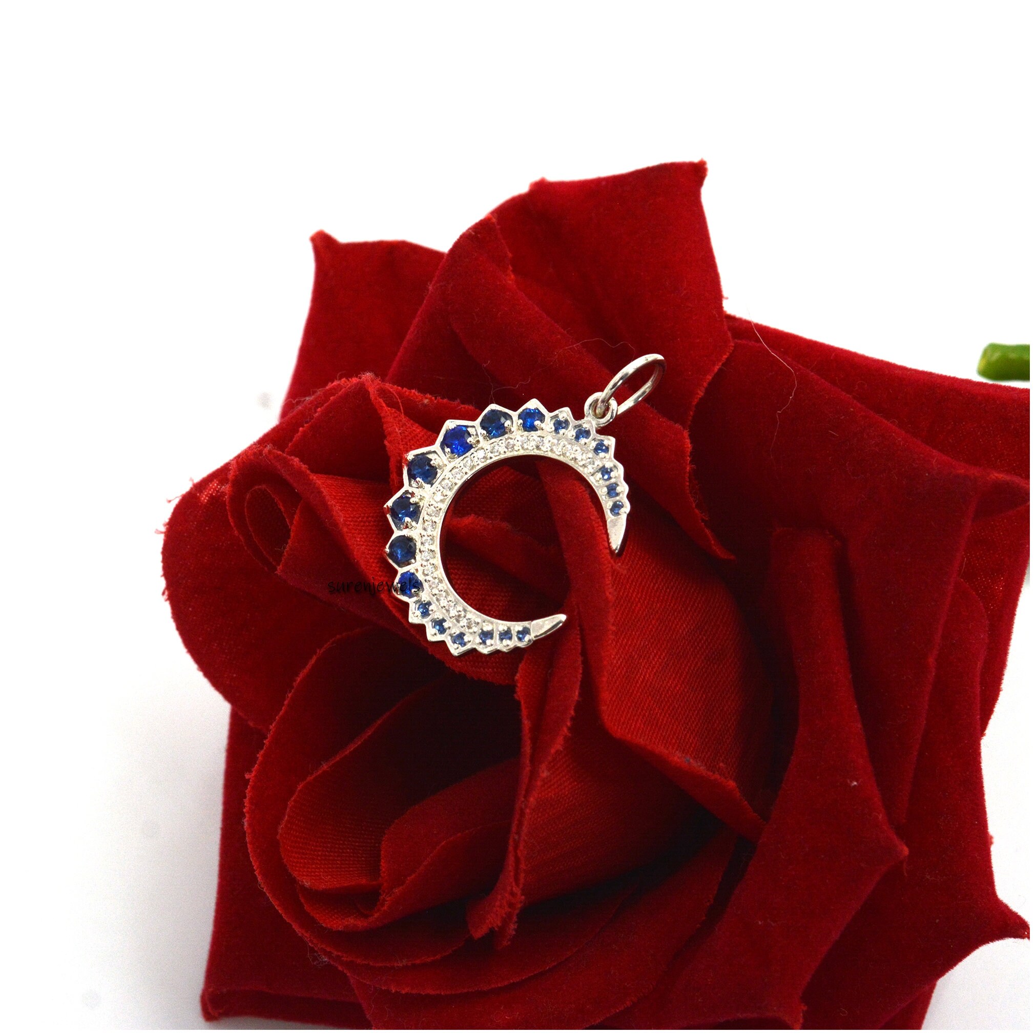 14k Gold Turquoise Crescent Pendant: Silver Diamond Moon Charm - View 6 - Suren Jewels | SKU: SJP1298-SLYGCZPL