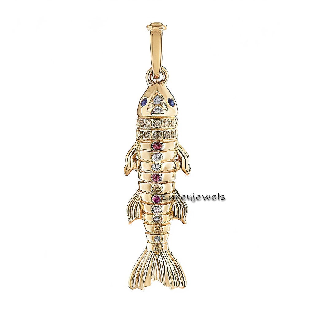 14k Gold Moveable Fish Pendant: Multi Stone Fish Pendant - View 7 - Suren Jewels | SKU: SJP6187-SLYGRUCZ-30M