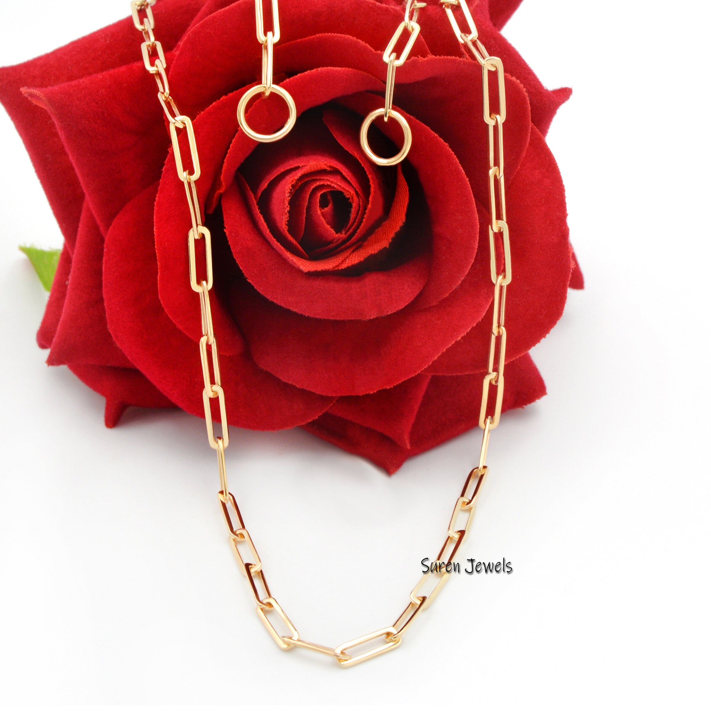 14k Gold Paperclip Chain Necklace: Rectangle Link Carabiner - View 3 - Suren Jewels | SKU: SJN47-14kyg/ G1-14KYG-10M-18I