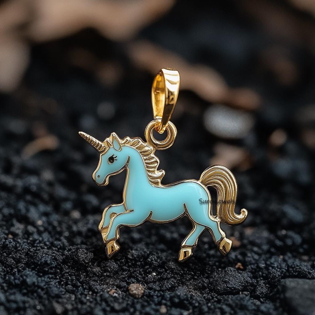 14k Gold Enamel Unicorn Pendant: Pegasus Winged Horse Charm - View 3 - Suren Jewels | SKU: SJP4775-SLYGELWELBK-20M,SJP4720-SL