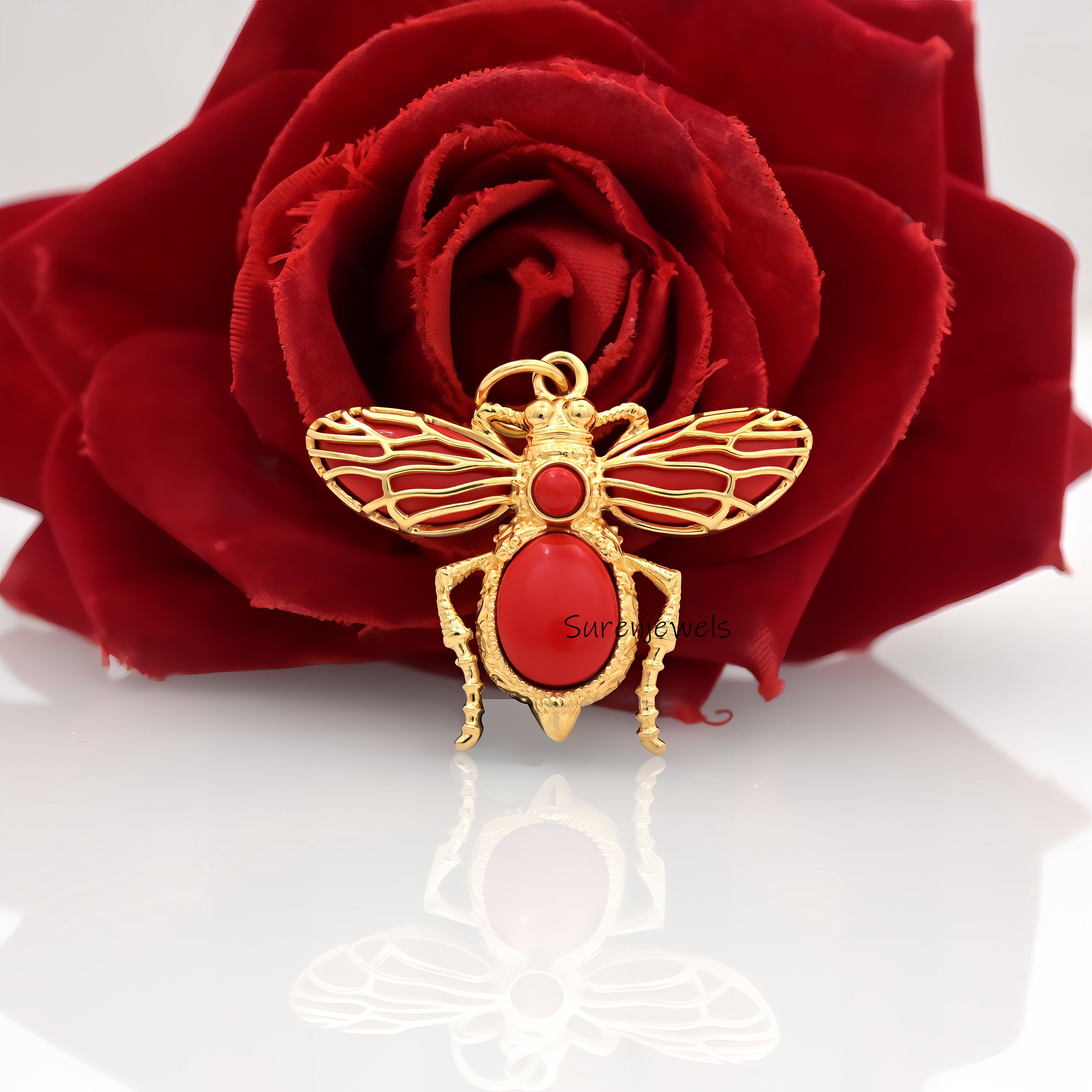 14k Solid Gold Opal Bee Pendant: Gemstone Honey Bee Charm - View 2 - Suren Jewels | SKU: SJP3864-SLYGGOP-25M,SJP4355-SLYGRCRP