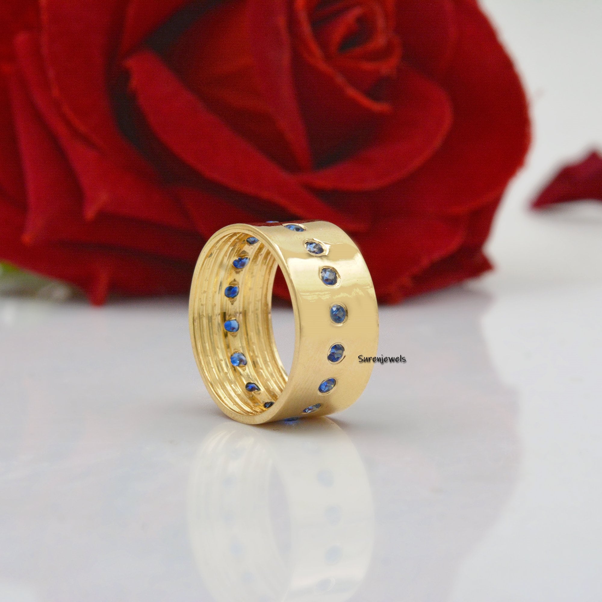 14k Gold Plated Diamond Cigar Ring, Wide 925 Silver Band - View 2 - Suren Jewels | SKU: SJR41-SLYGDI