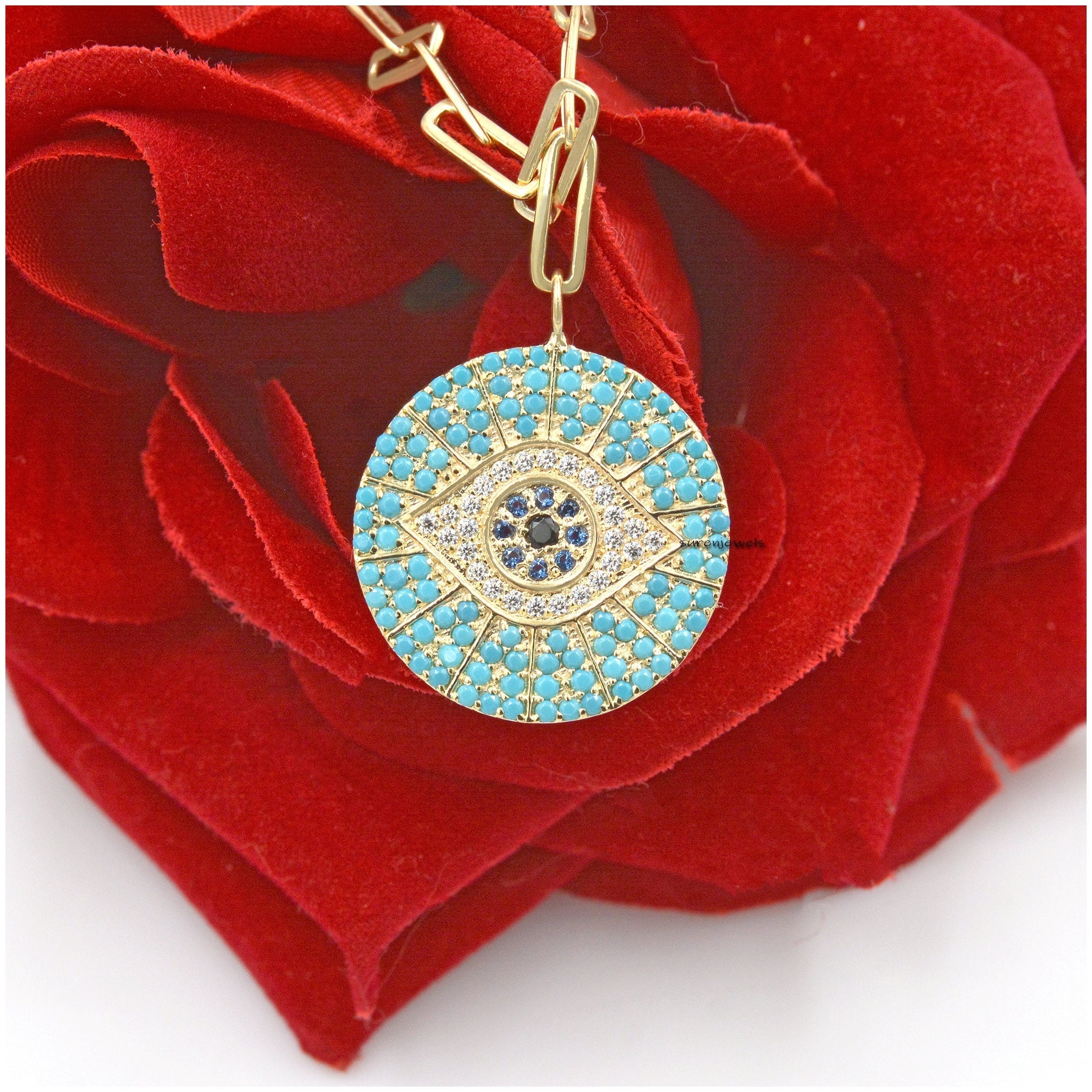 14k Gold Vermeil Turquoise Evil Eye Pendant: Cubic Zircon Pave - Suren Jewels | SKU: SJN688-SLYGCZBSPBSTQ-18I