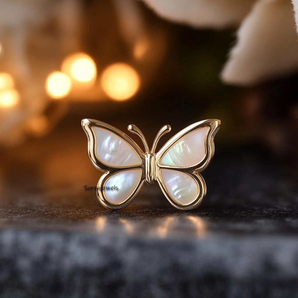 14k Gold Gemstone Butterfly Earrings: Mother of Pearl butterfly Studs - View 2 - Suren Jewels | SKU: SJE