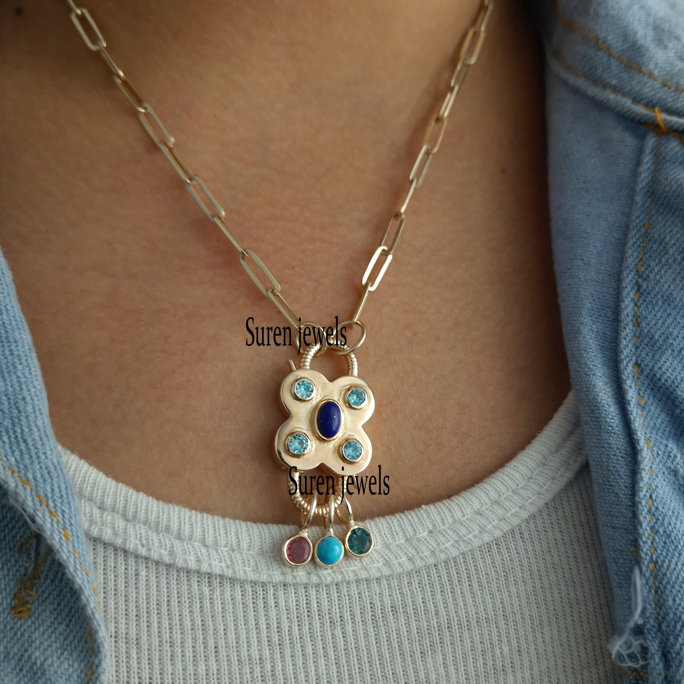 925 Silver Gemstone Padlock Pendant: Lapis, Turquoise Drop Necklace - View 5 - Suren Jewels | SKU: SJP65-SJP468-SJN47-18I