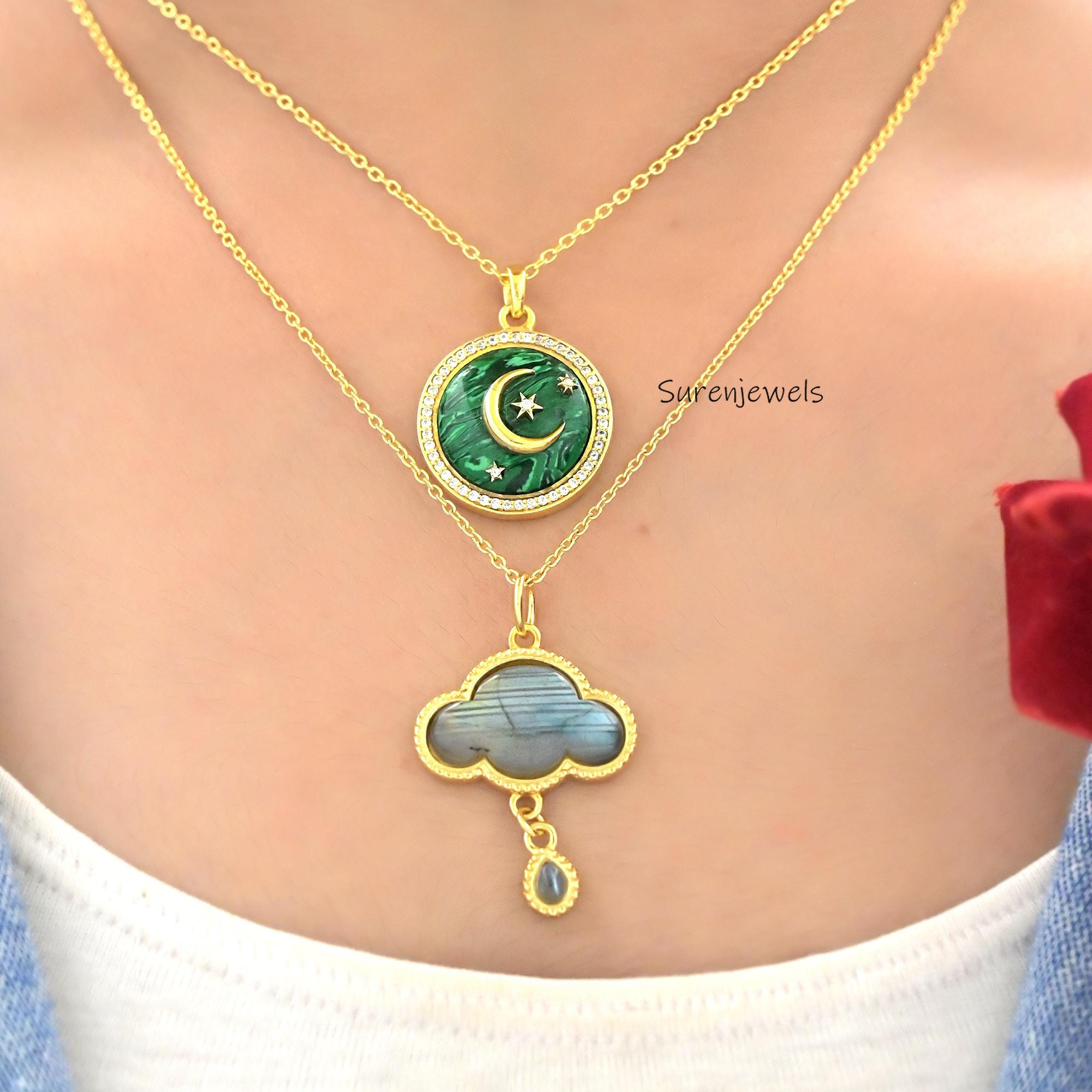 14K Gold Cloud Pendant: Star Moon Gemstone Necklace - View 7 - Suren Jewels | SKU: SJP5346-SLYGMSCZ-30M,SJP5023,SJP,SJP4740-S