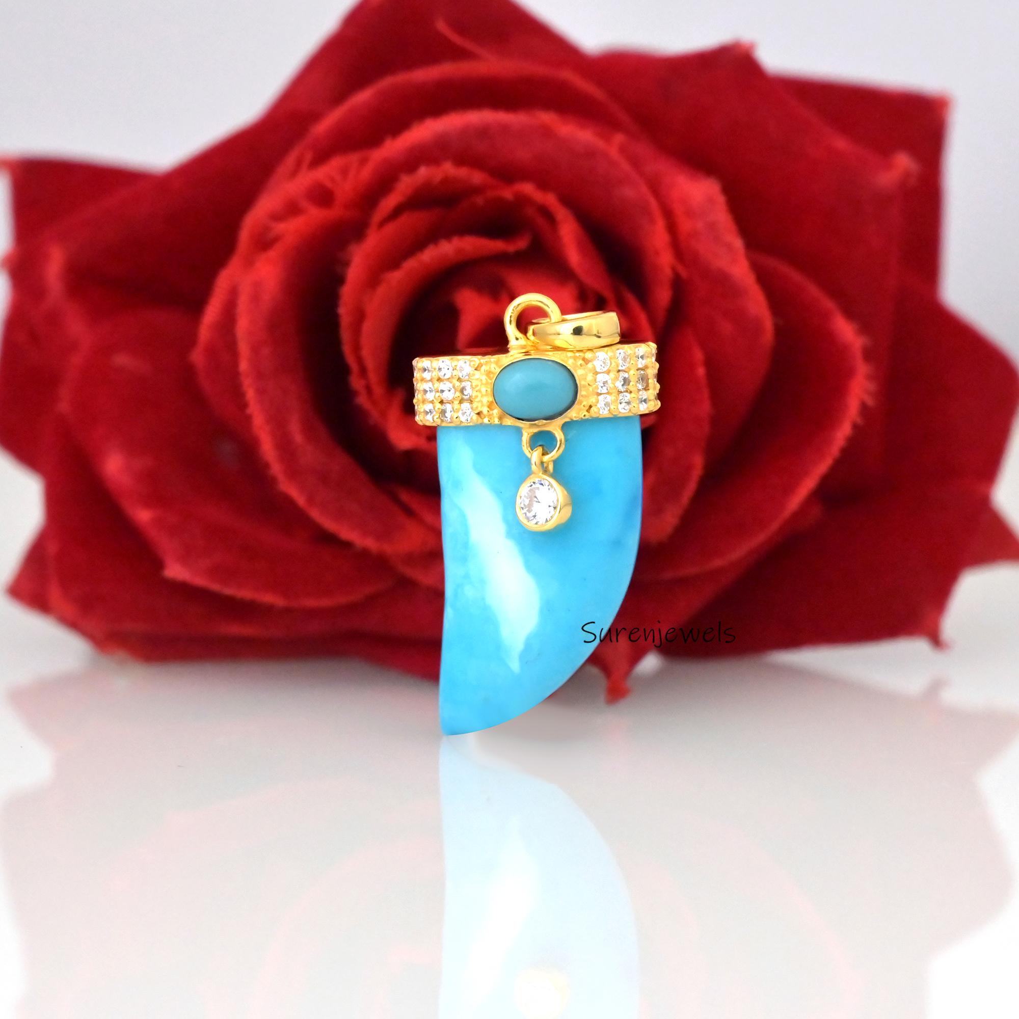 14K Gold Gemstone Horn Pendant: Tibetan Buffalo Horn, Turquoise & CZ - View 2 - Suren Jewels | SKU: SJP4776-SLYGTQCZ-40M