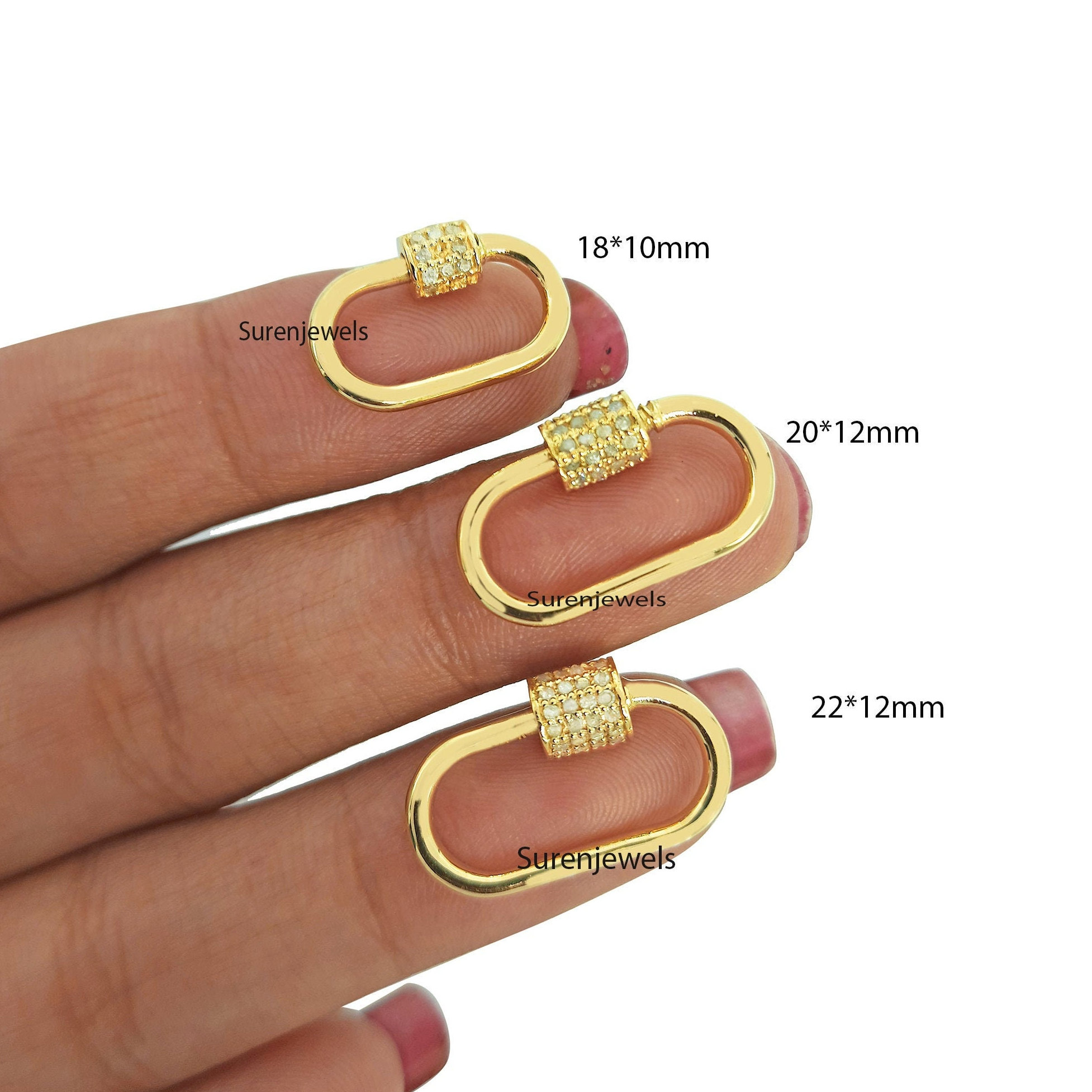 9K Gold Diamond Carabiner Lock: Solid Gold Pave Jewelry - Suren Jewels | SKU: SJC131-9KYGDI-18M