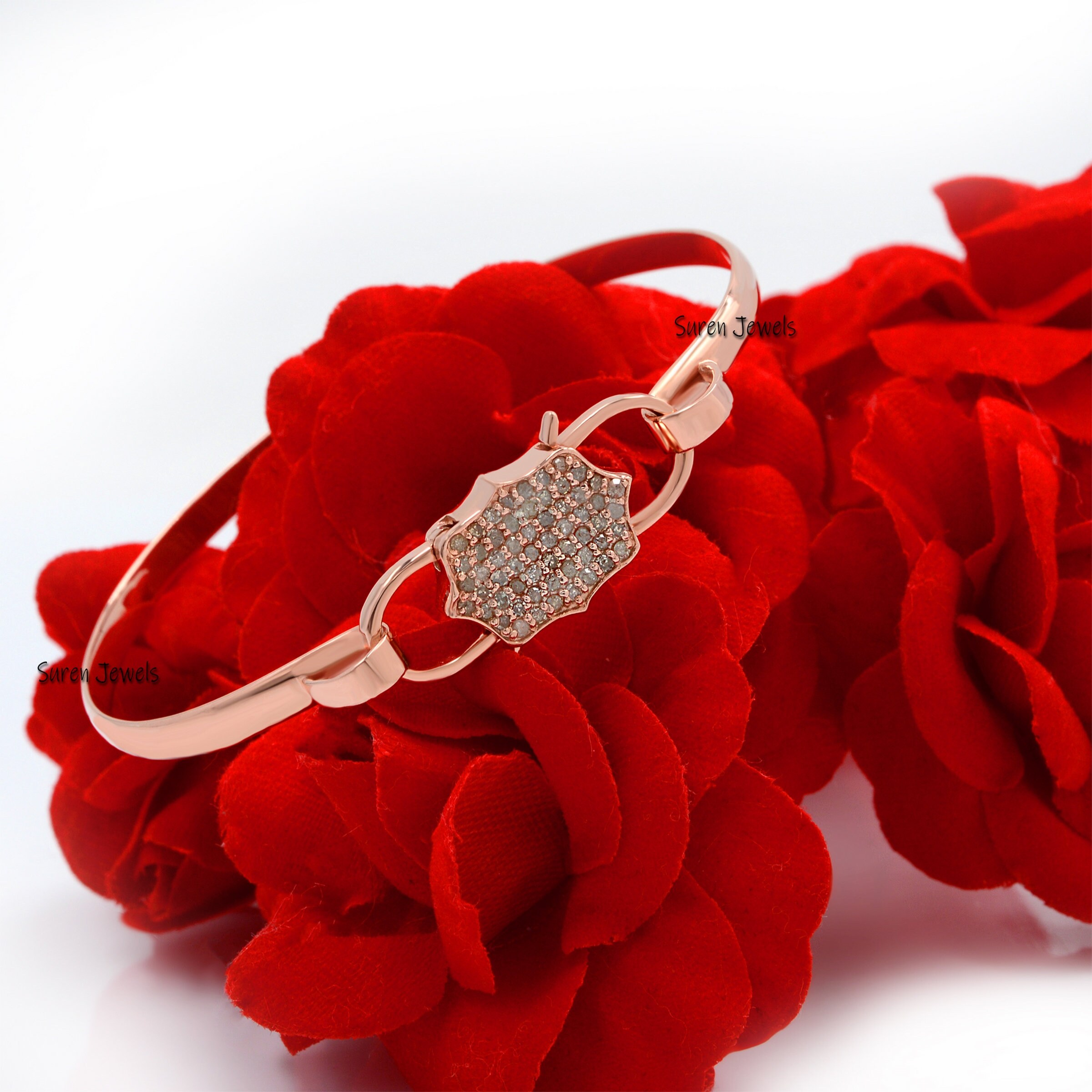 Handmade Pave Diamond 925 Silver Padlock Bangle, 6 Inch - View 2 - Suren Jewels | SKU: SJB20-SLWGDI