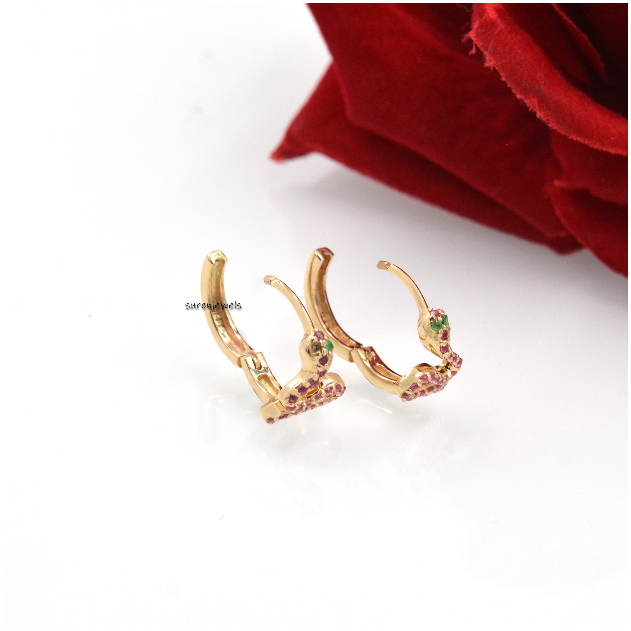 925 Silver Snake Huggies: Diamond & Emerald Gemstone Hoops - View 3 - Suren Jewels | SKU: SJE998-9KYGCZEM-15M