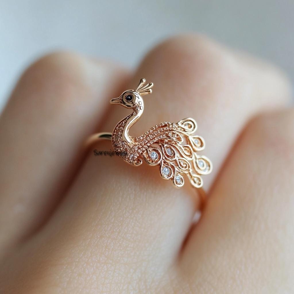 14k Gold Peacock Ring: Dainty Animal Jewelry - Suren Jewels | SKU: SJR3352-SLYGCZ-US-7,SJR