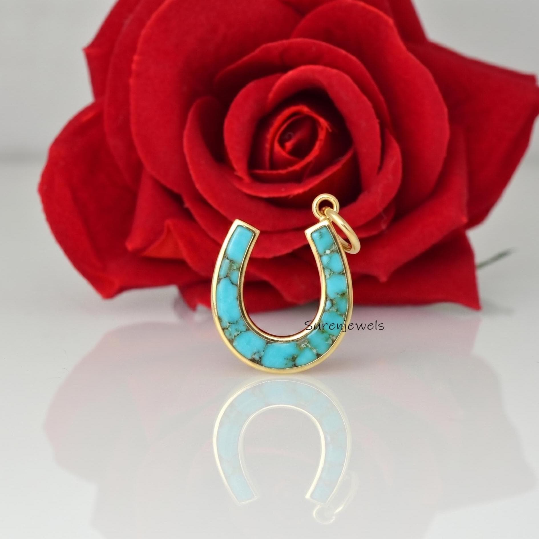 14k Gold Turquoise Horseshoe Pendant, Carved Handmade Horseshoe Pendant jewelry - View 3 - Suren Jewels | SKU: SJP