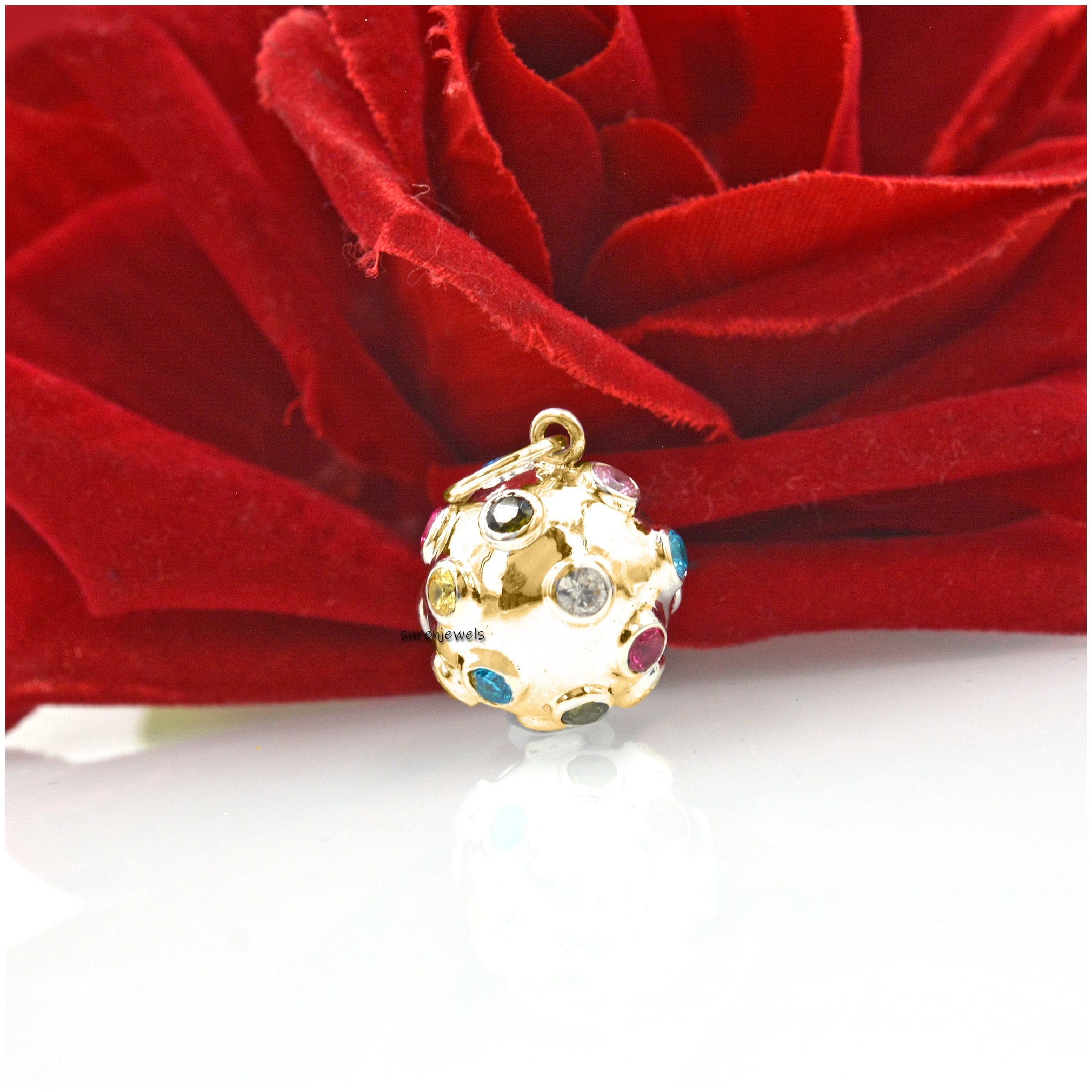 14k Gold Gemstone Ball Pendant: Diamond Star Design, Handmade - View 6 - Suren Jewels | SKU: SJP1488-SLNSMT-25M