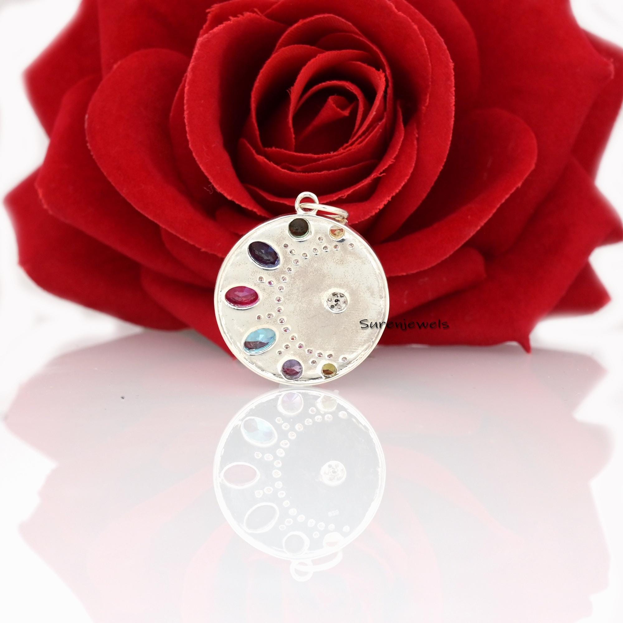 14k Solid Gold Moon Starburst Medallion Charm: Rainbow Sapphire Diamond Pendant - View 4 - Suren Jewels | SKU: SJP3103