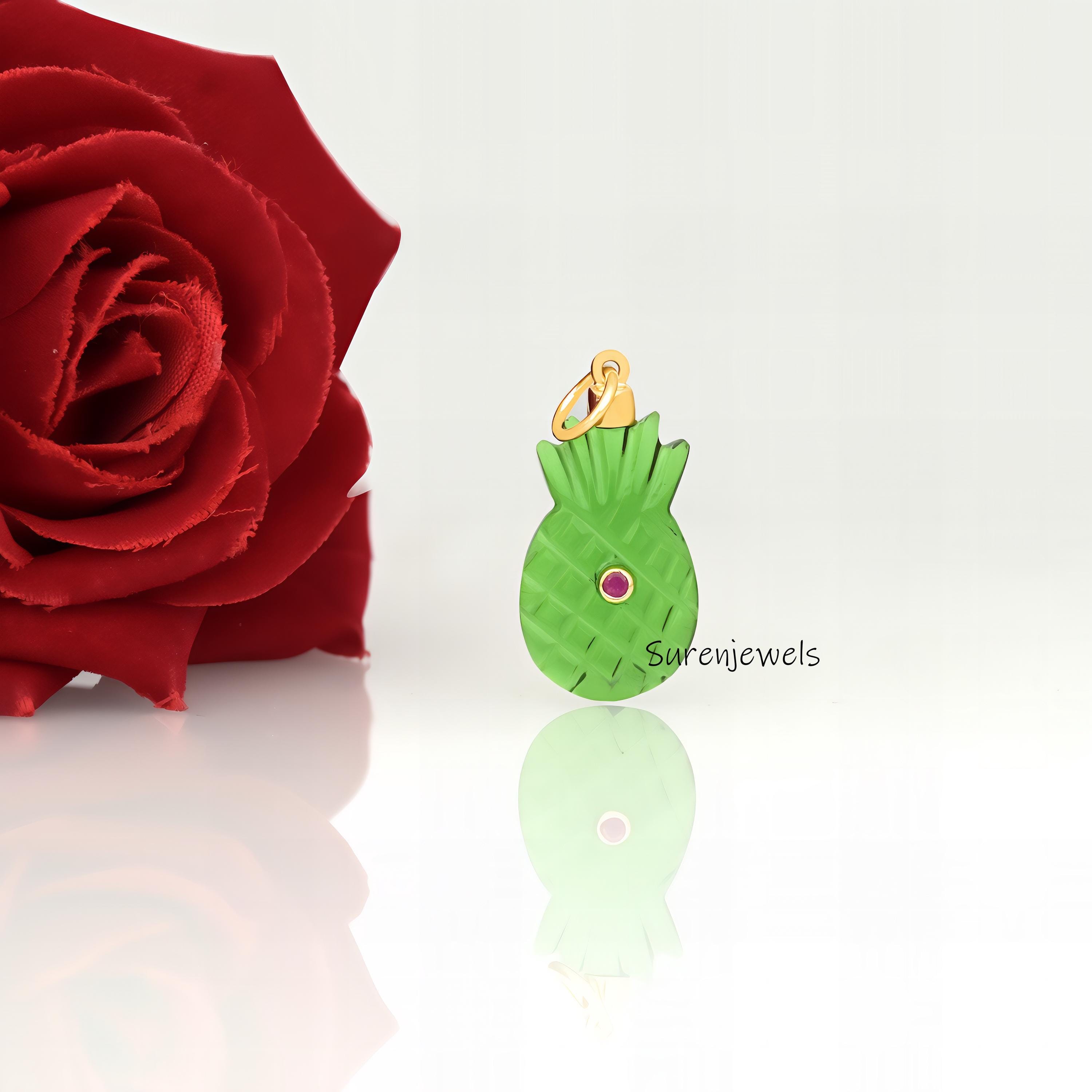 Hand Carved Gemstone Pineapple Pendant: Dainty Tropical Charm - Suren Jewels | SKU: SJP3488-SLYGGORUCZ-25M