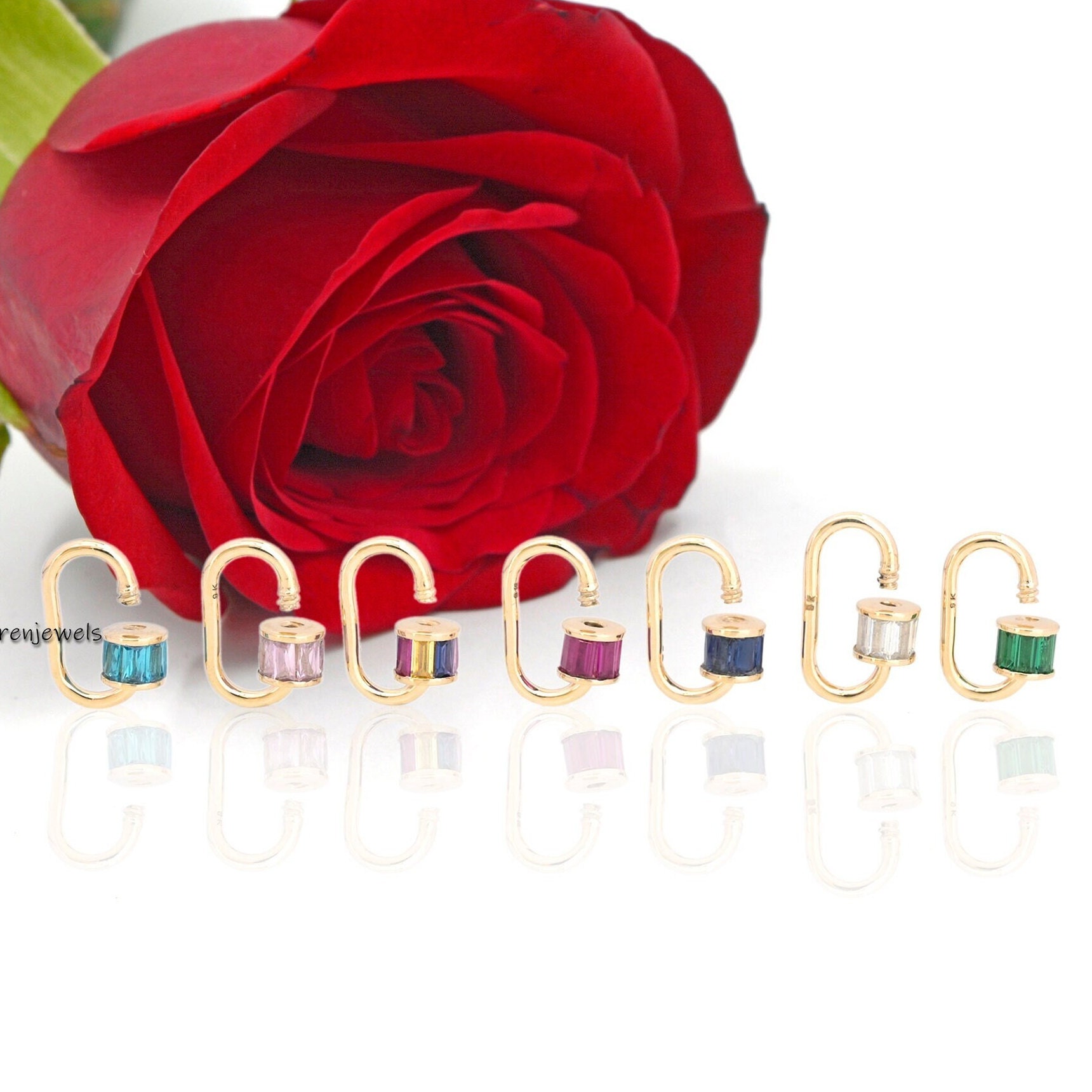 9k Gold Carabiner Lock with Baguette Accent - Suren Jewels | SKU: SJC22-9KYGBTTCZP-16M