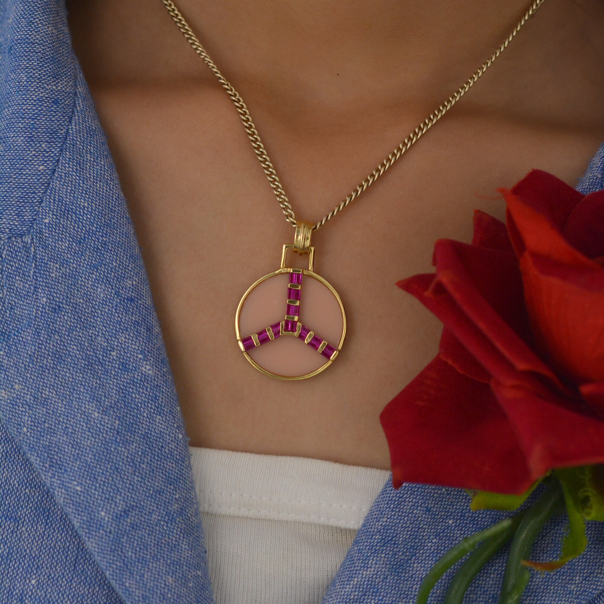 14k Gold Gemstone Peace Pendant: Ruby Baguette Accent - View 6 - Suren Jewels | SKU: SJP1695