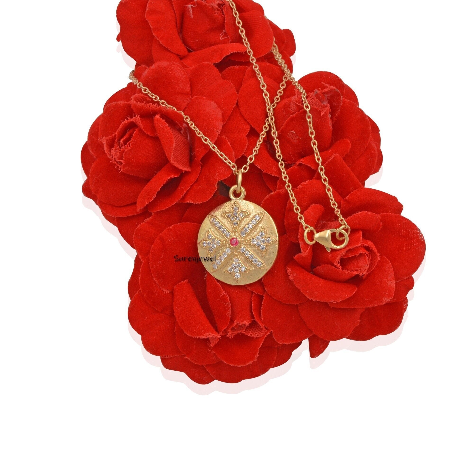 Sterling Silver Disc Pendant: Cubic Zircon Multi Stone Charm, 18 Inch Chain - View 2 - Suren Jewels | SKU: SJP429-SLYGCZP-N41