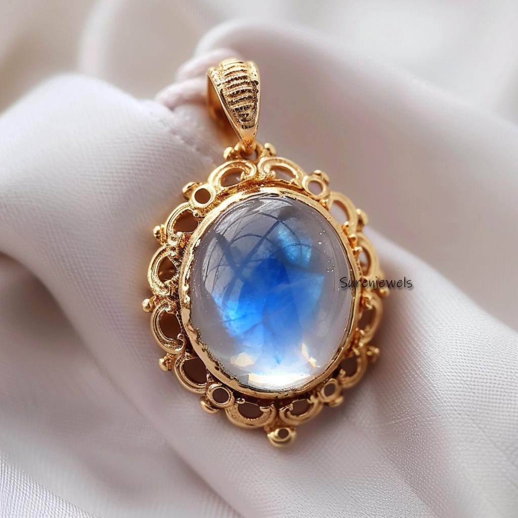 14k Gold Moonstone Oval Pendant - Gemstone Filigree Design - View 7 - Suren Jewels | SKU: SJP3417-SLYGMS-25M