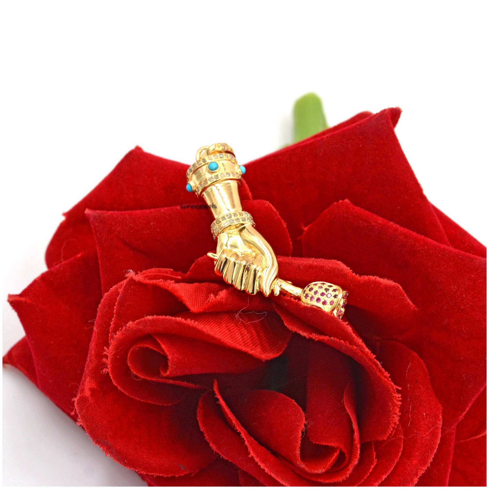 925 Silver Figa Pendant: Diamond, Ruby & Turquoise Gemstone Charm - View 4 - Suren Jewels | SKU: SJP24-SLYGDITQRU-N41-18I