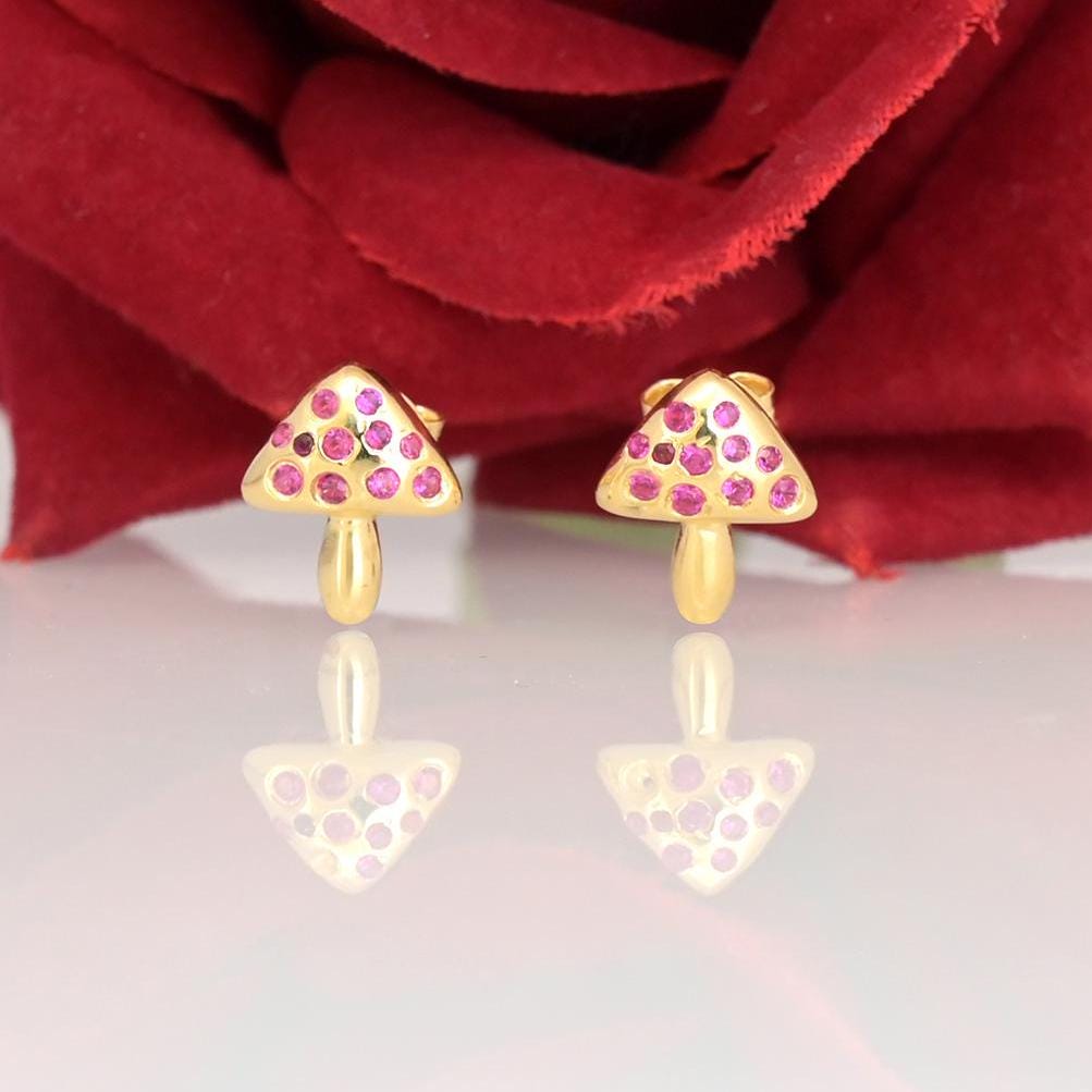 14k Gold Mushroom Stud Earrings: Tiny Magic Mushroom Design - View 3 - Suren Jewels | SKU: SJE1442-SLYG