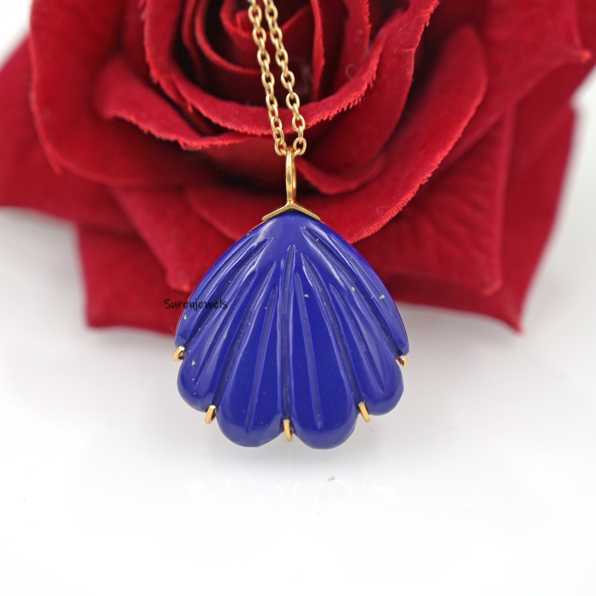 Handmade Carved Shell Pendant: 925 Silver Gemstone, Gold Accent - Suren Jewels | SKU: SJP3081-SLYGRCR-30M