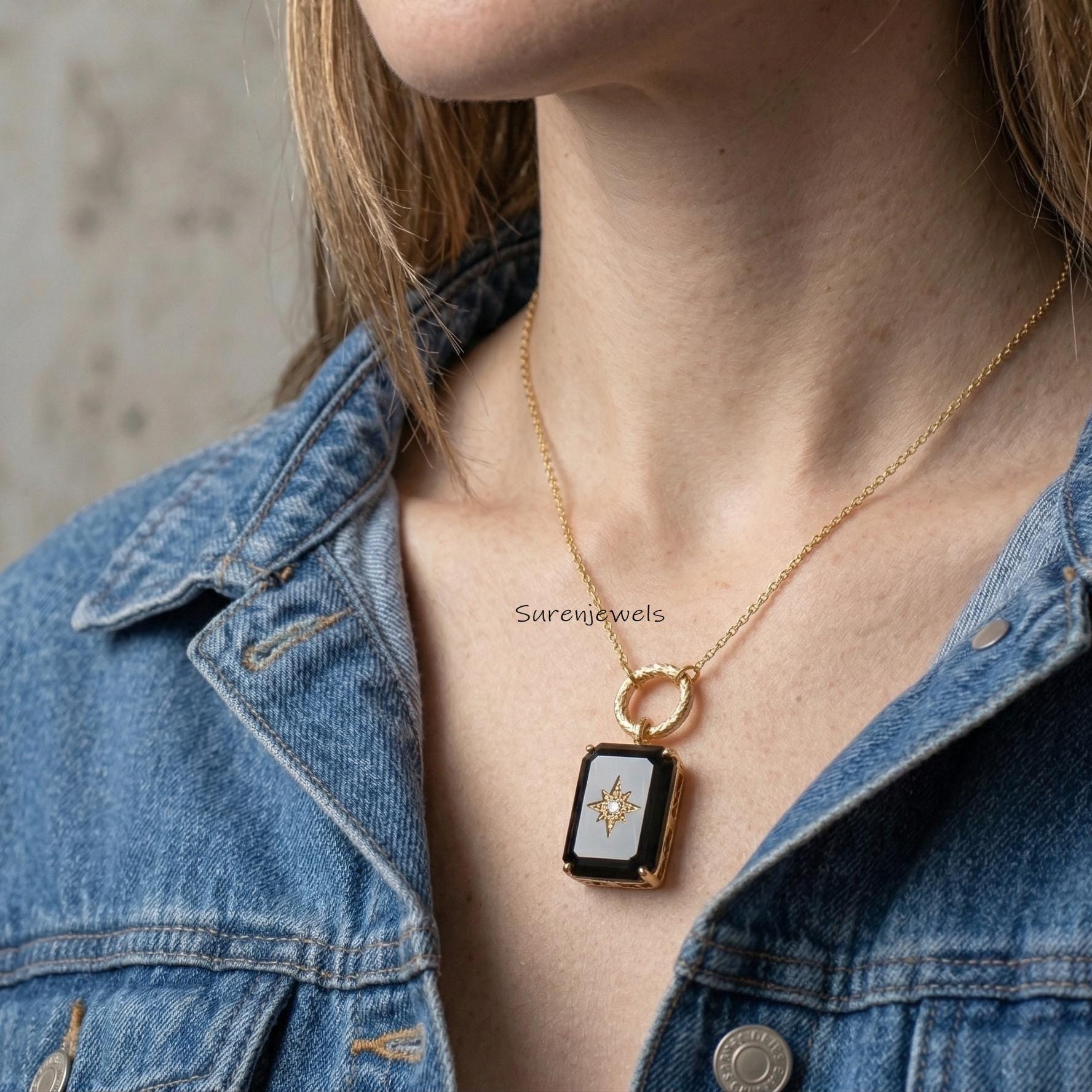 14k Gold Gemstone Square Star Pendant, Handmade Designer Rectangle Gemstone Necklace - View 5 - Suren Jewels | SKU: SJP
