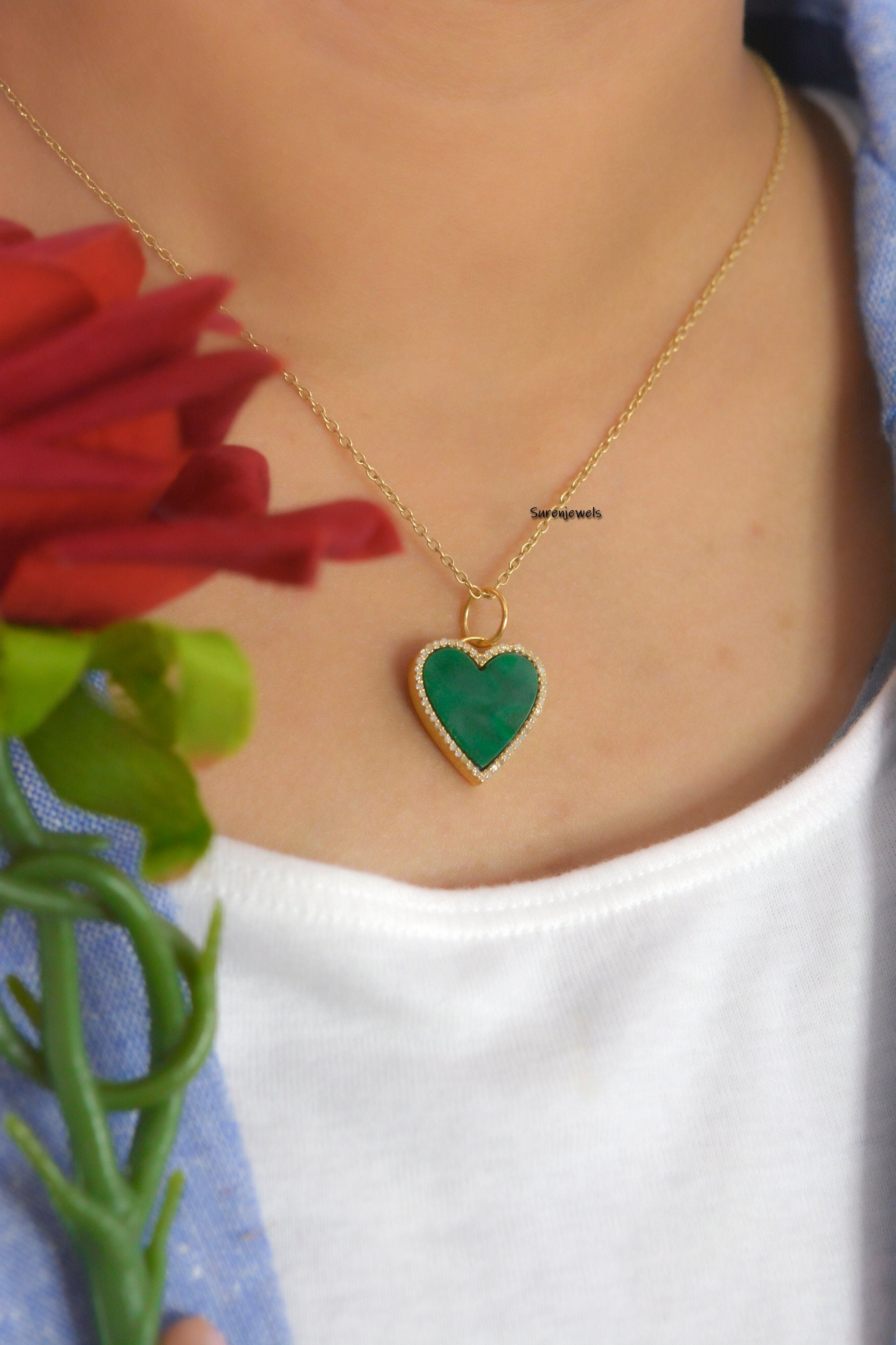 14k Gold Gemstone Heart Pendant: Lapis, Turquoise, Malachite - View 4 - Suren Jewels | SKU: SJP1018-SLYGMC