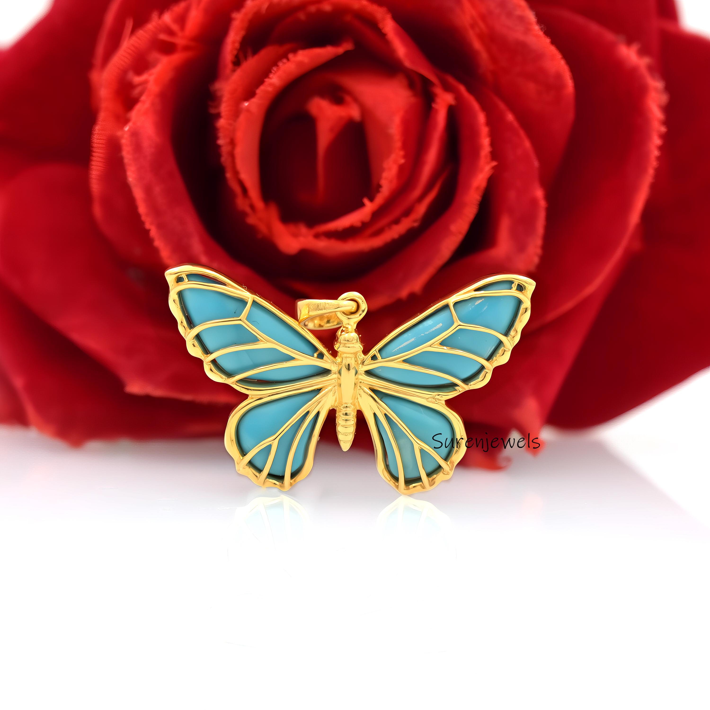 14K Gold Butterfly Charm: Handmade Carved Gemstone Pendant - Suren Jewels | SKU: SJP4616-SLYGTL-25M