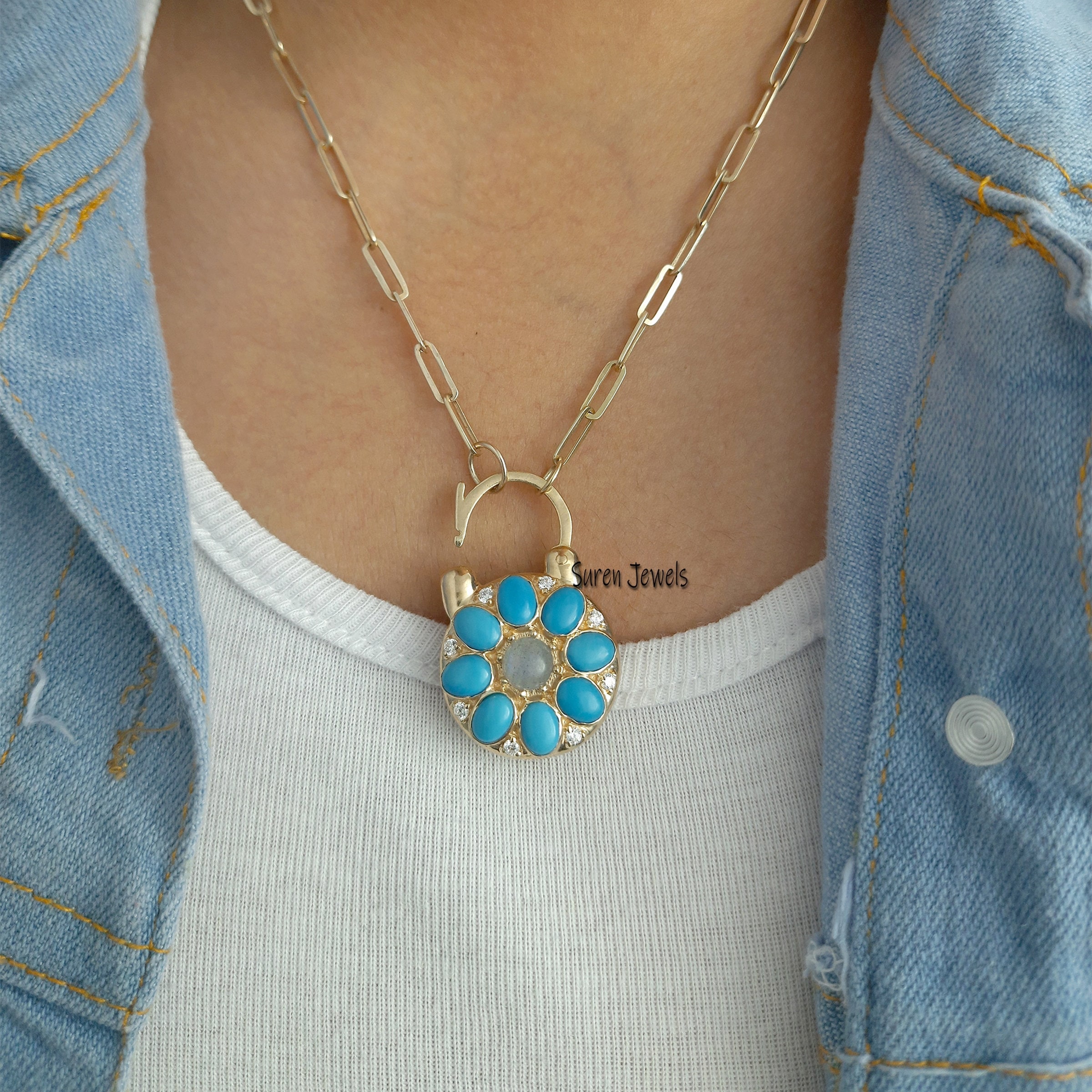 925 Silver Turquoise Floral Padlock: Gemstone Connector Pendant - View 4 - Suren Jewels | SKU: SJP505-SLYGTQLBWT-N74-18I-925
