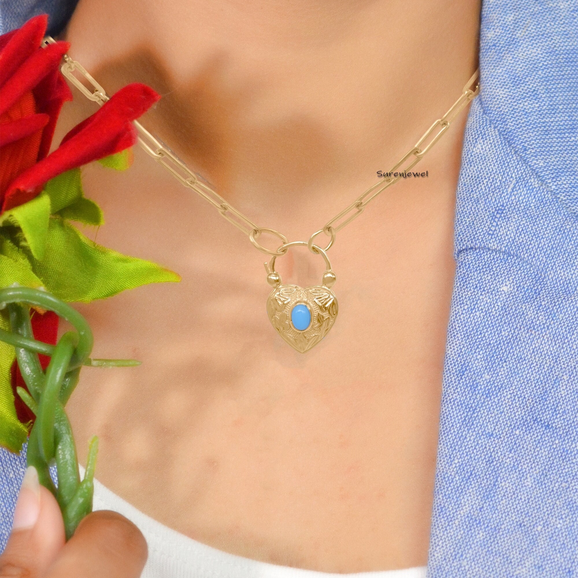 14K Gold Vermeil Heart Padlock: Gemstone Connector Jewelry (25*15mm) - View 5 - Suren Jewels | SKU: SJP92-SLYGTQ-N47-18I