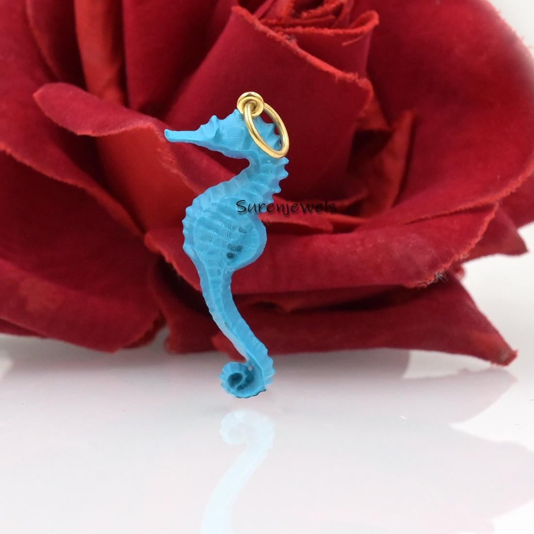 14k Gold Seahorse Pendant, Gemstone Larimar Jewelry - View 2 - Suren Jewels | SKU: SJP1667
