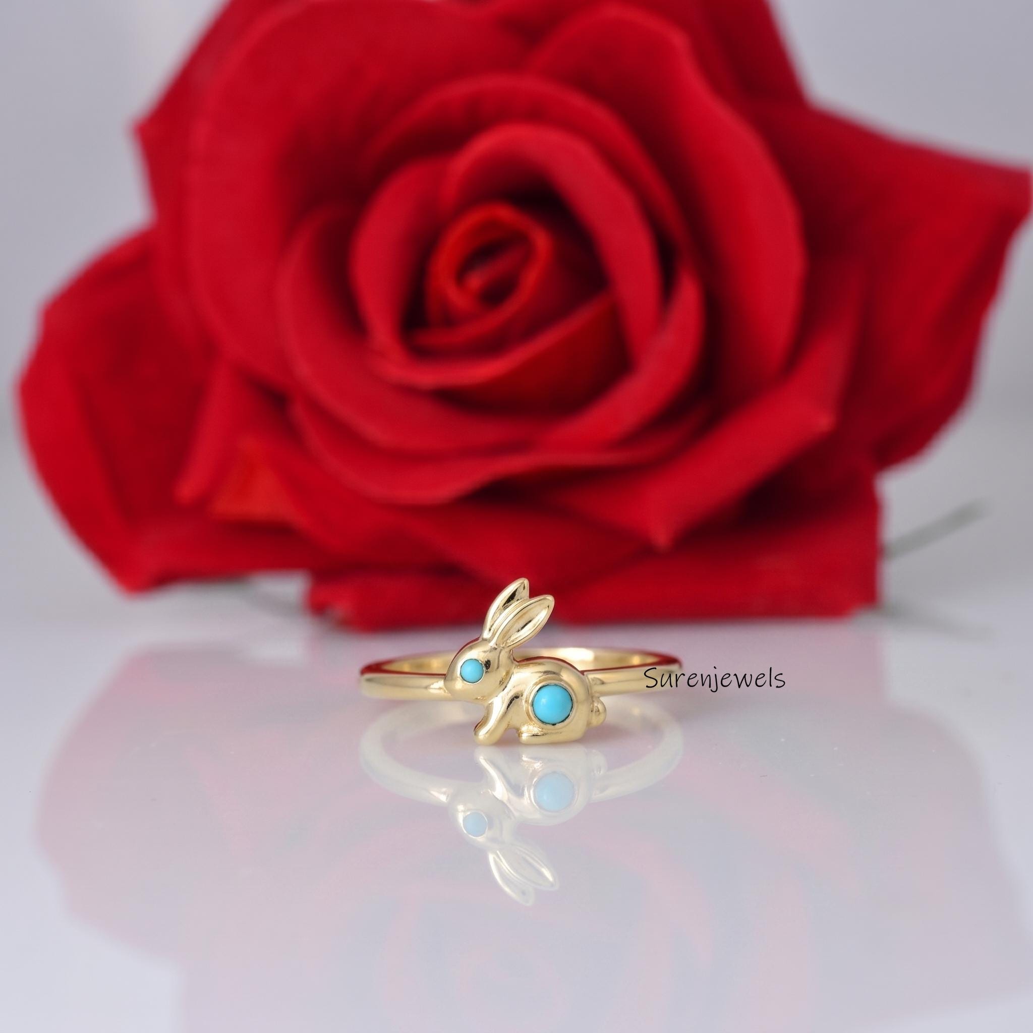 Turquoise Rabbit Ring, Gold Plated Bunny Jewelry, Animal Lover Gift, Delicate Nature Inspired Ring, Easter Bunny Ring, Cute G