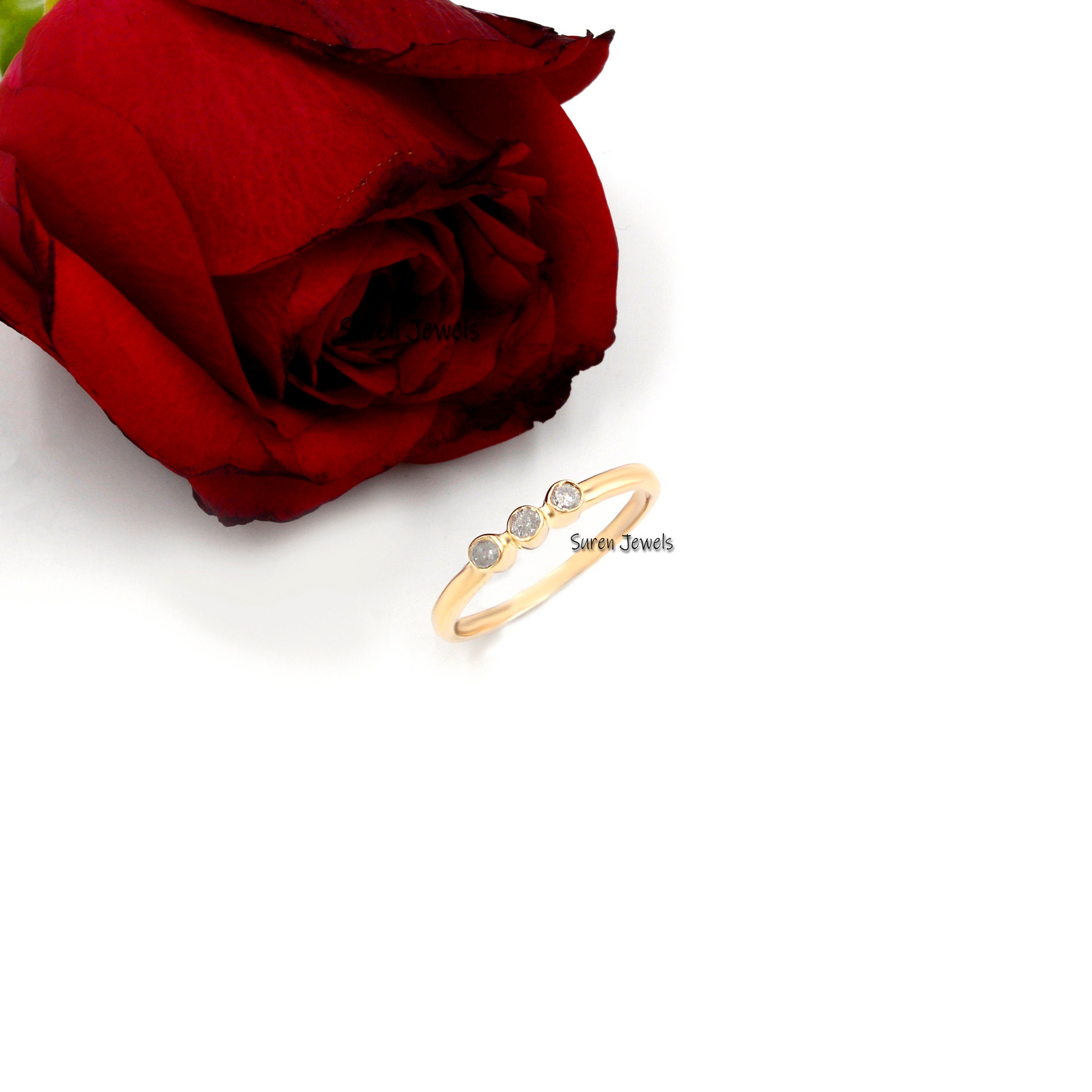 14K Solid Gold Diamond Ring: Bezel Set Three Stone Ring - View 2 - Suren Jewels | SKU: SJR700-14KRGDI