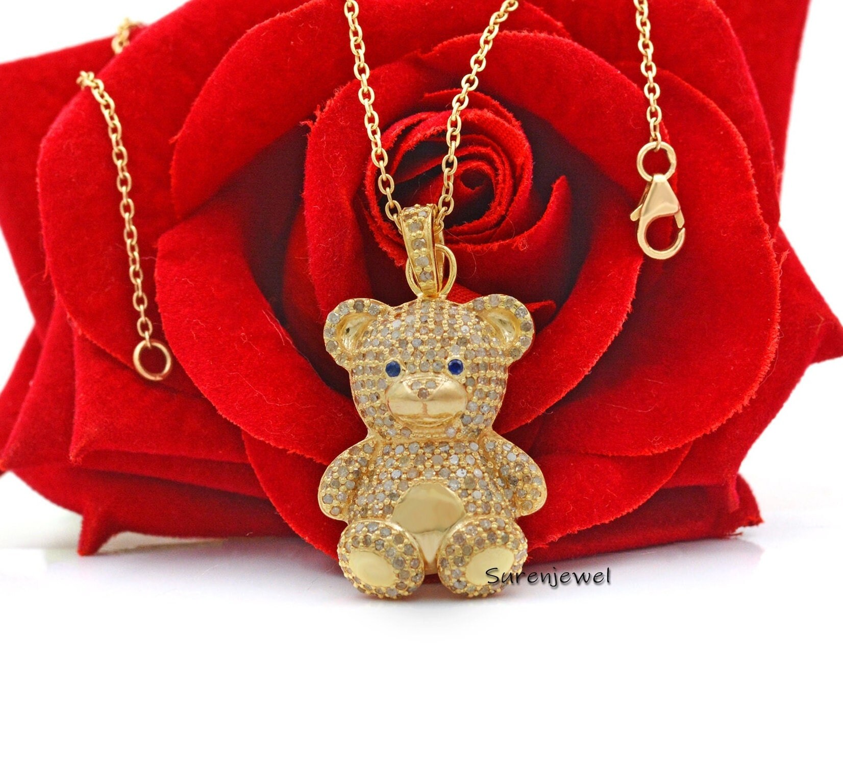 925 Silver Diamond Teddy Bear Pendant: Puffed Gummy Charm - Suren Jewels | SKU: SJP105-SLYGCZBSP-N41-18I-925