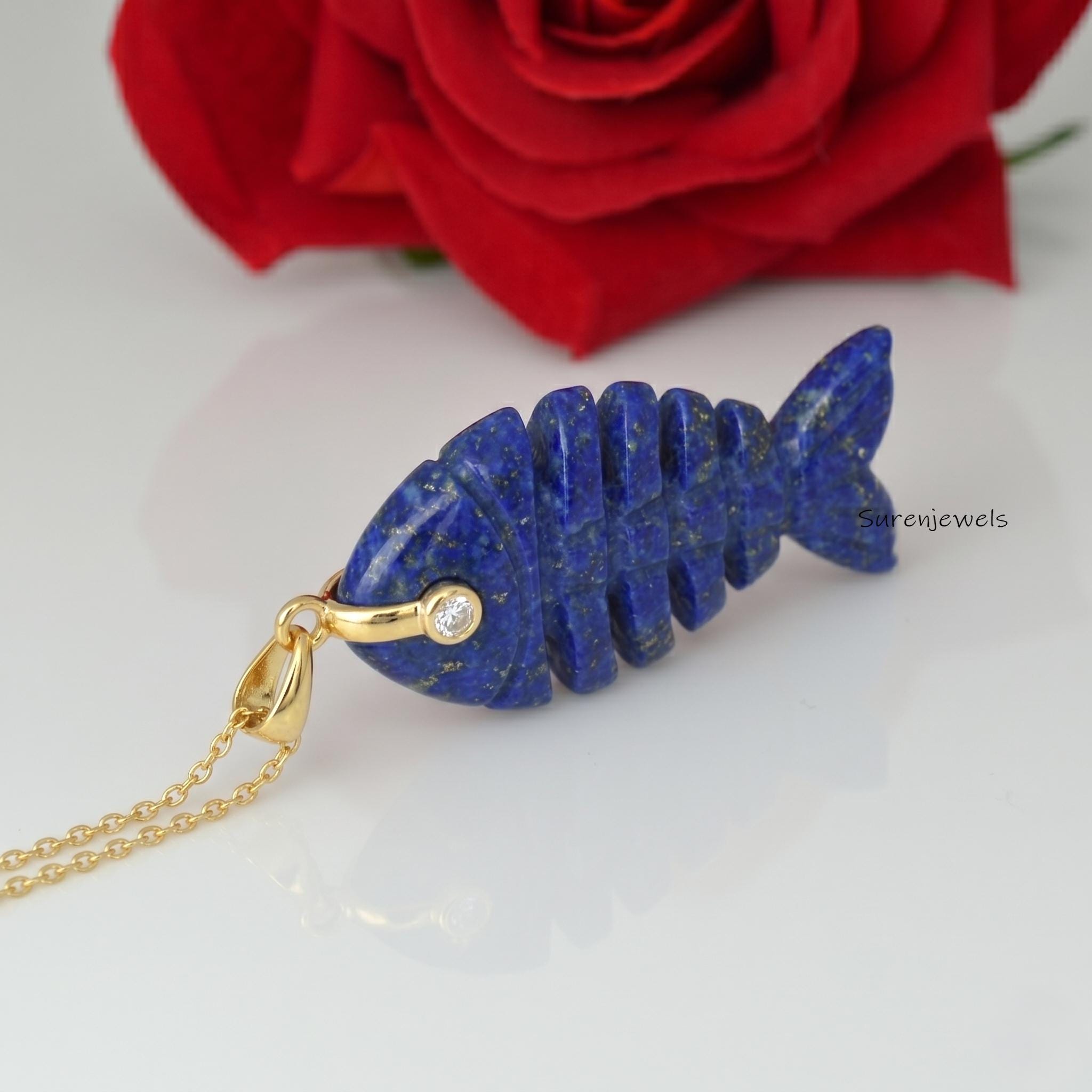Lapis Lazuli Fish Skeleton Pendant, Gold Plated Fish Bone Necklace, Unique Gemstone Animal Jewelry, Gift for Ocean Lovers - V